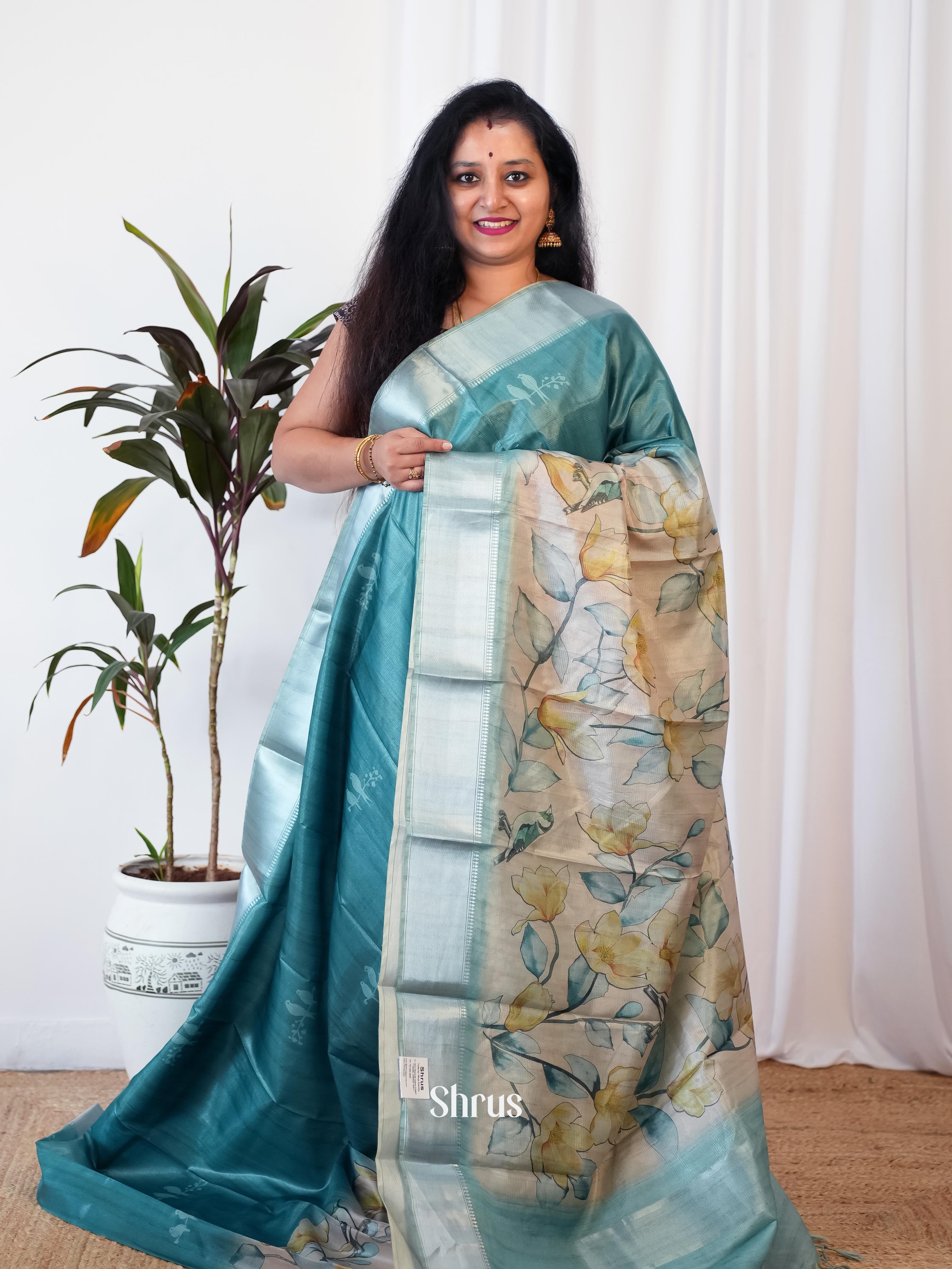 Green & Cream - Printed Tussar Saree - Shop on Shrus.com