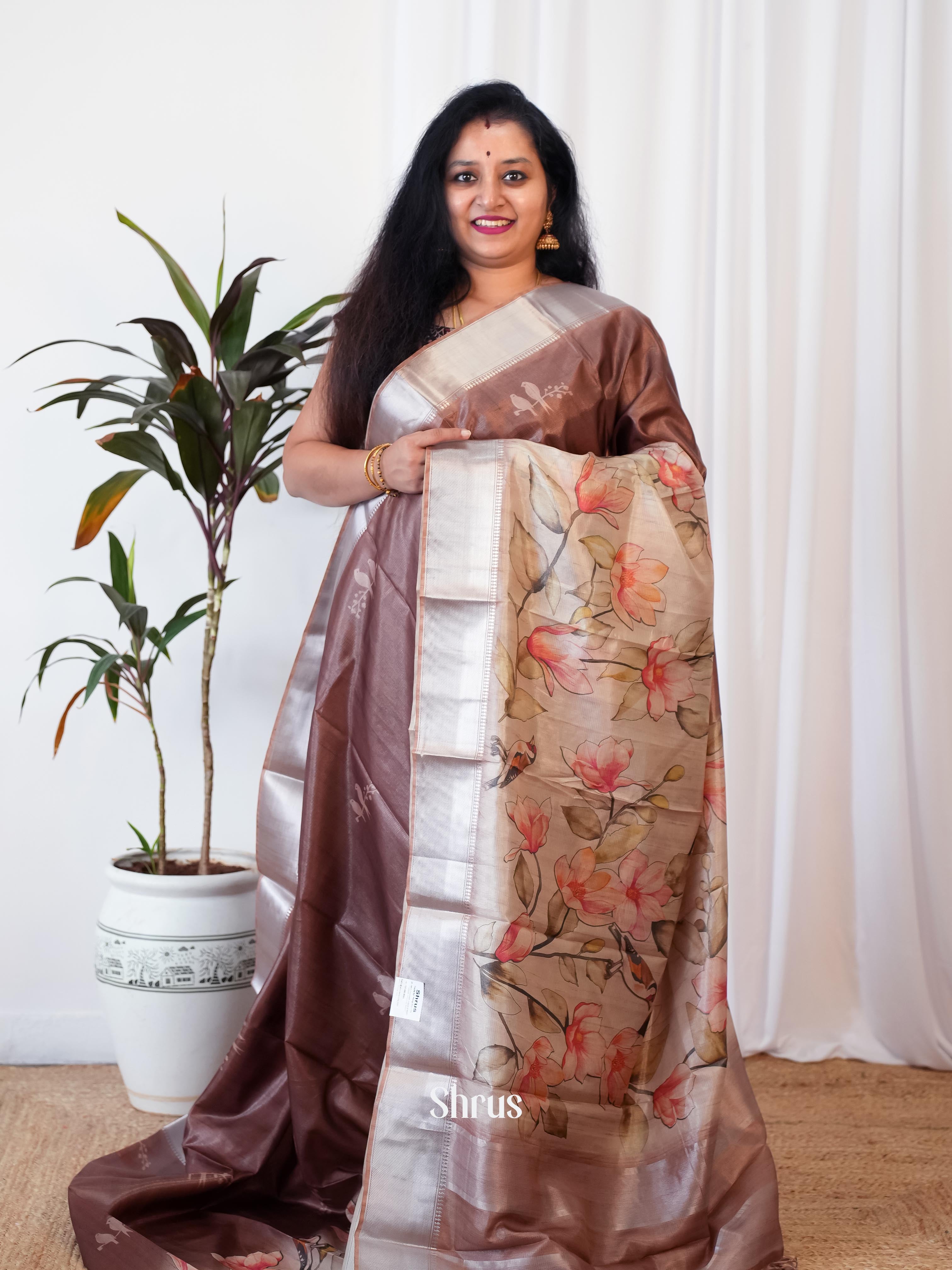 Brown & Cream - Printed Tussar Saree - Shop on Shrus.com
