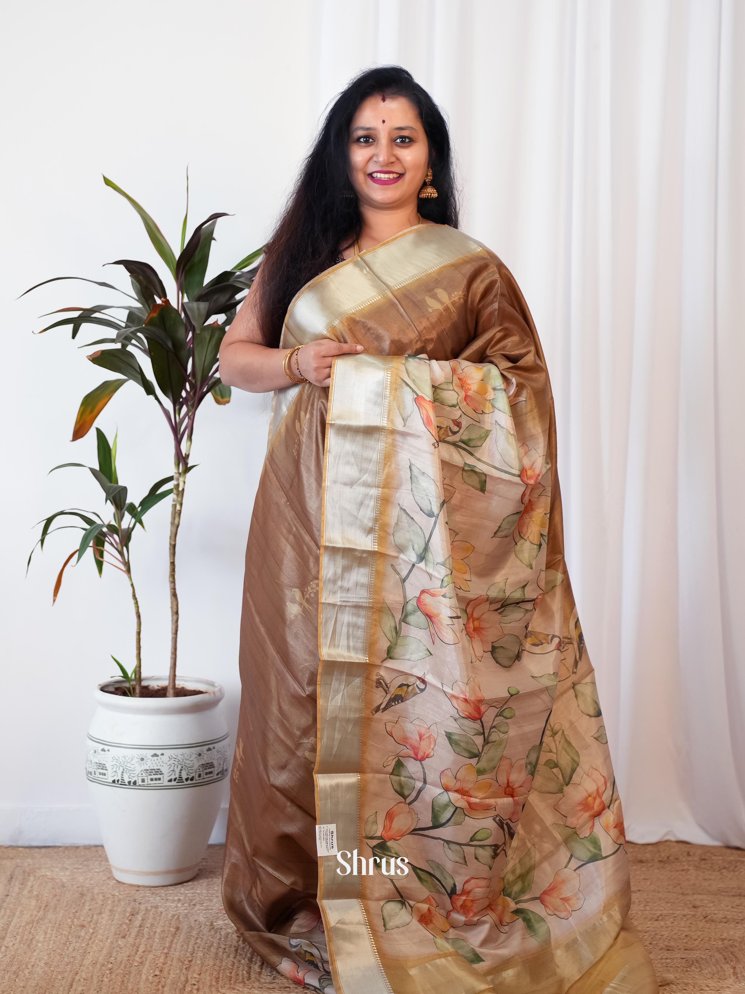 Brown & Cream- Printed Tussar Saree - Shop on Shrus.com