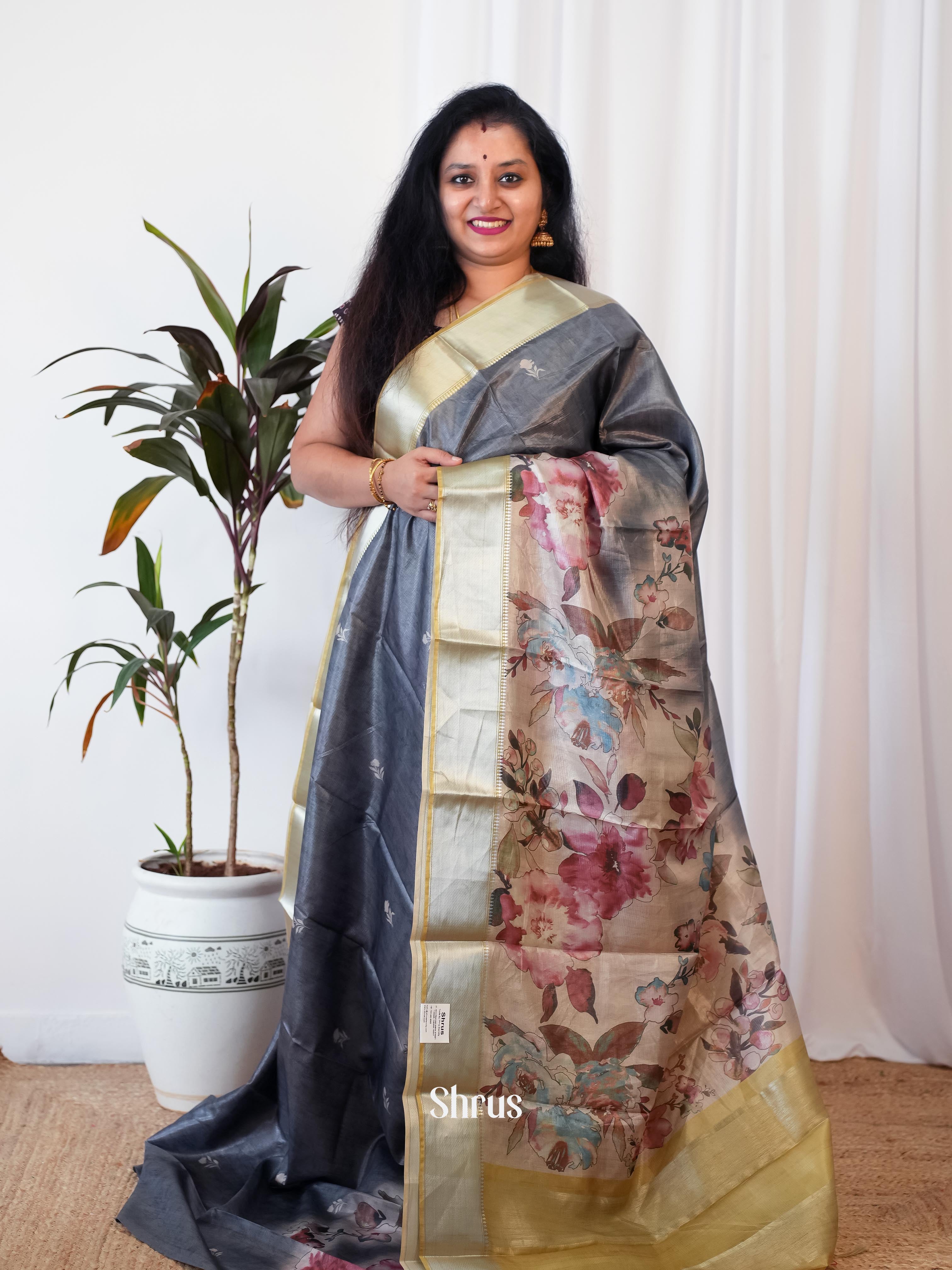 Grey & Green - Printed Tussar Saree - Shop on Shrus.com