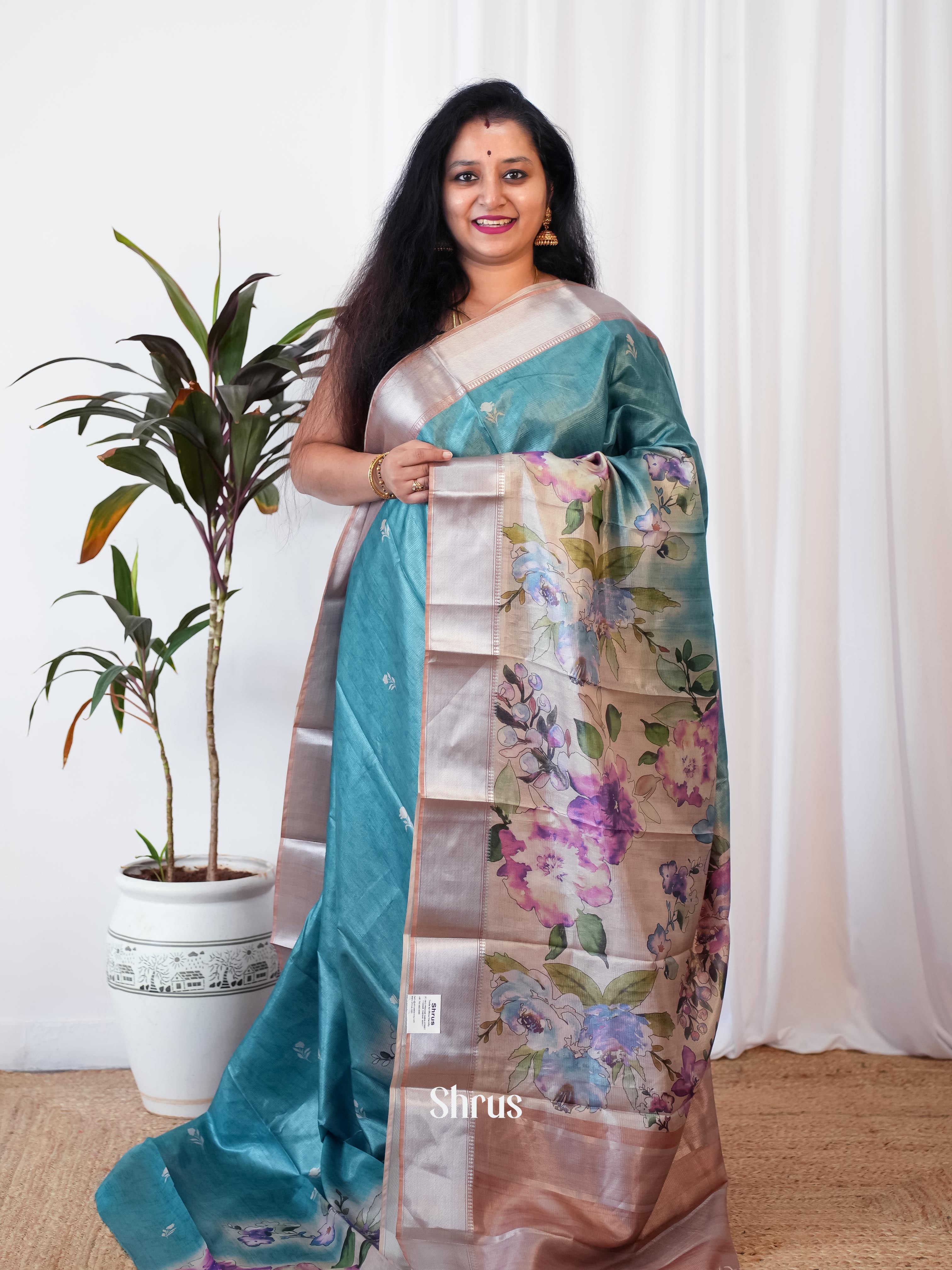 Blue & Peach - Printed Tussar Saree - Shop on Shrus.com