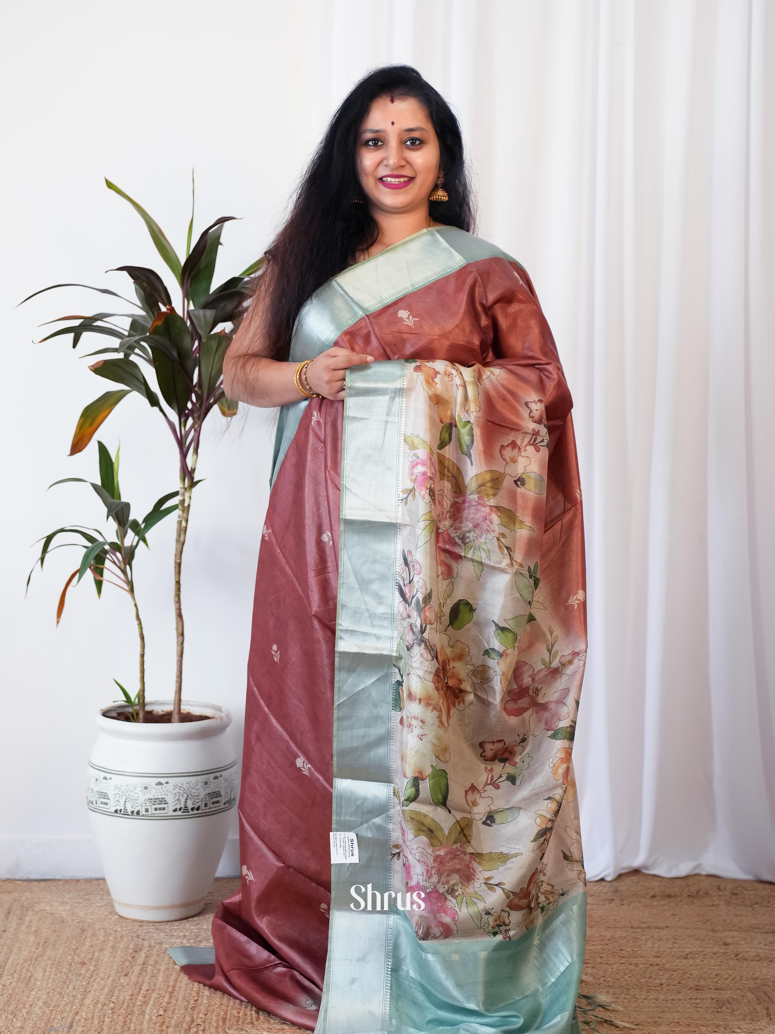 Brown & Green - Printed Tussar Saree - Shop on Shrus.com