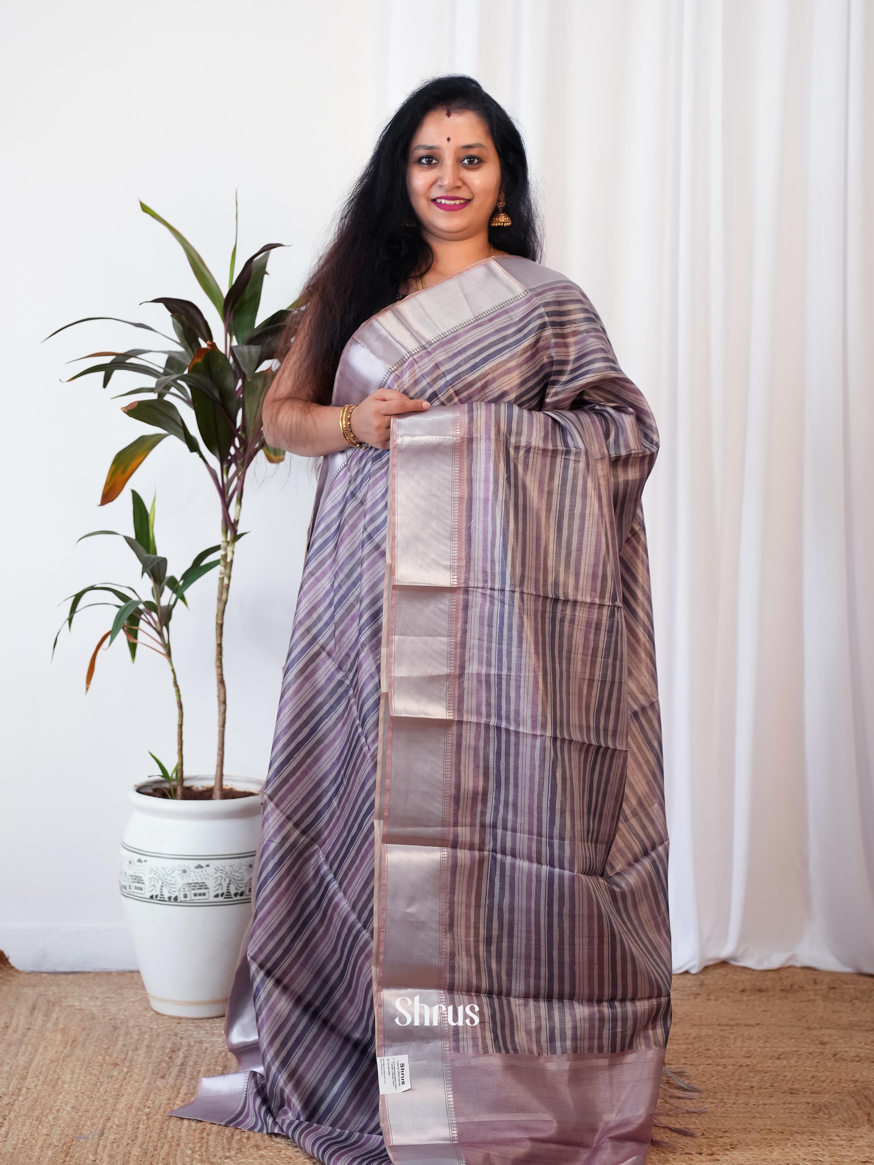 Grey - Printed Tussar Saree - Shop on Shrus.com