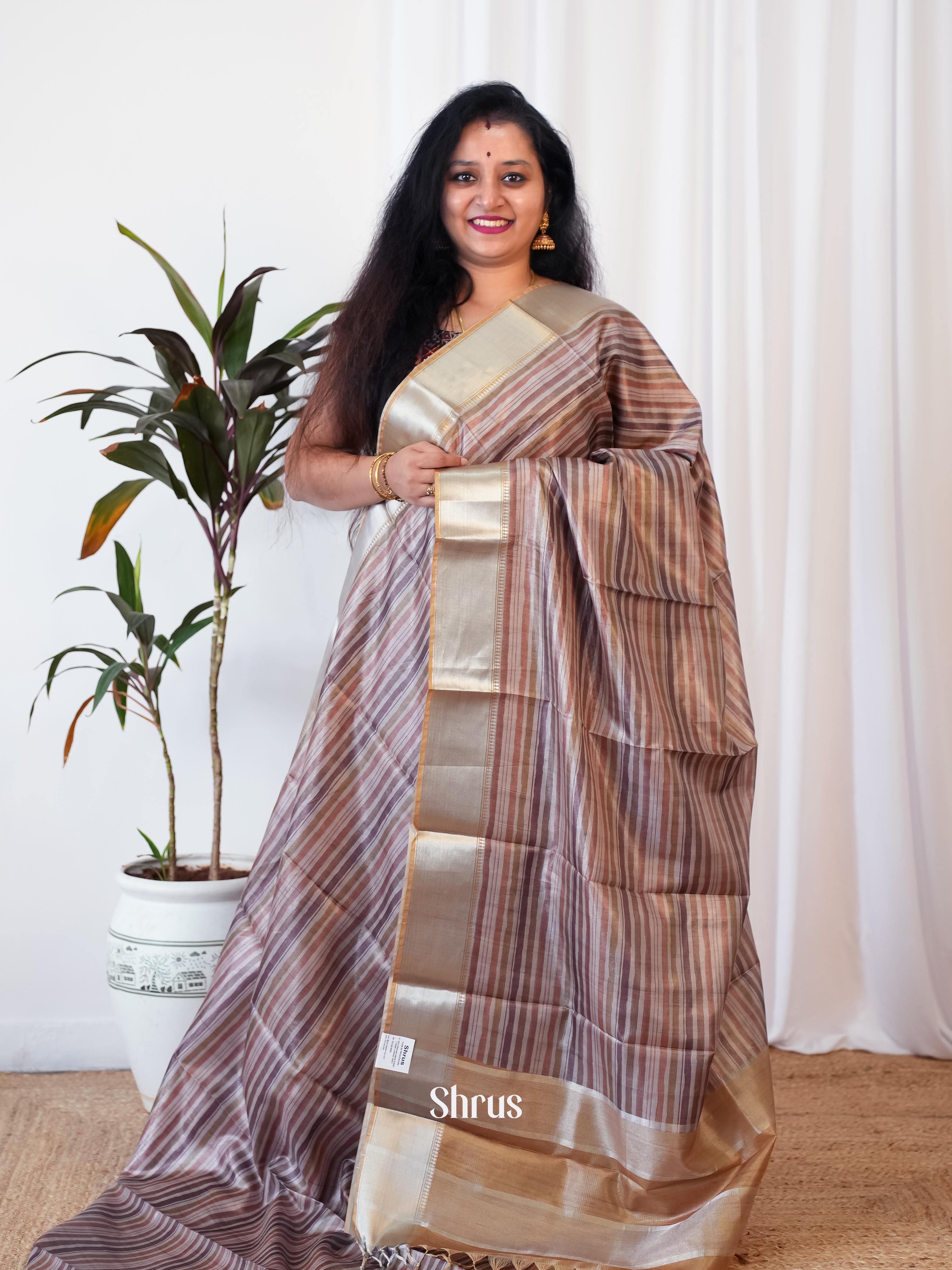 Grey & Brown - Printed Tussar Saree - Shop on Shrus.com