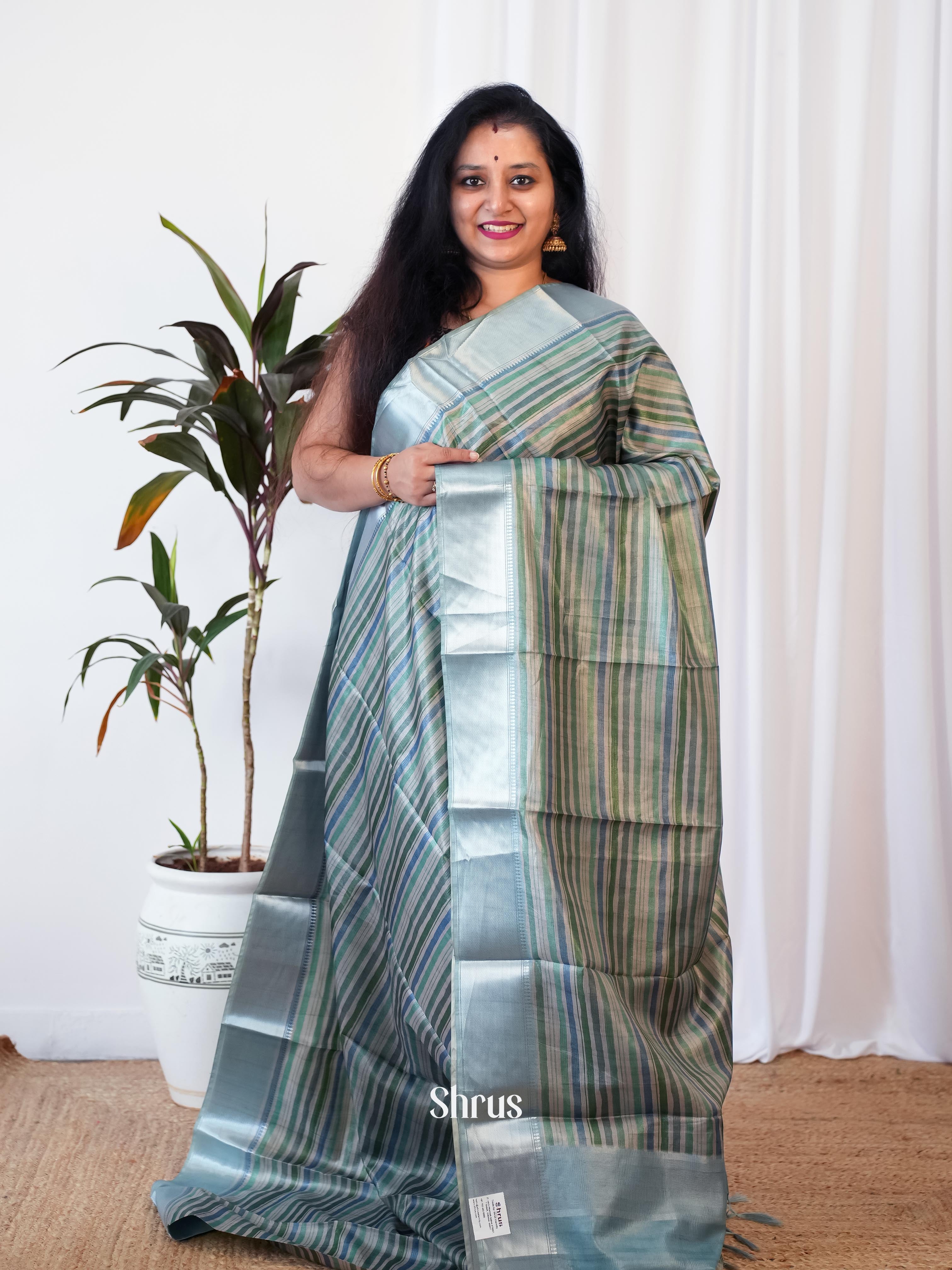 Green & Grey - Printed Tussar Saree - Shop on Shrus.com