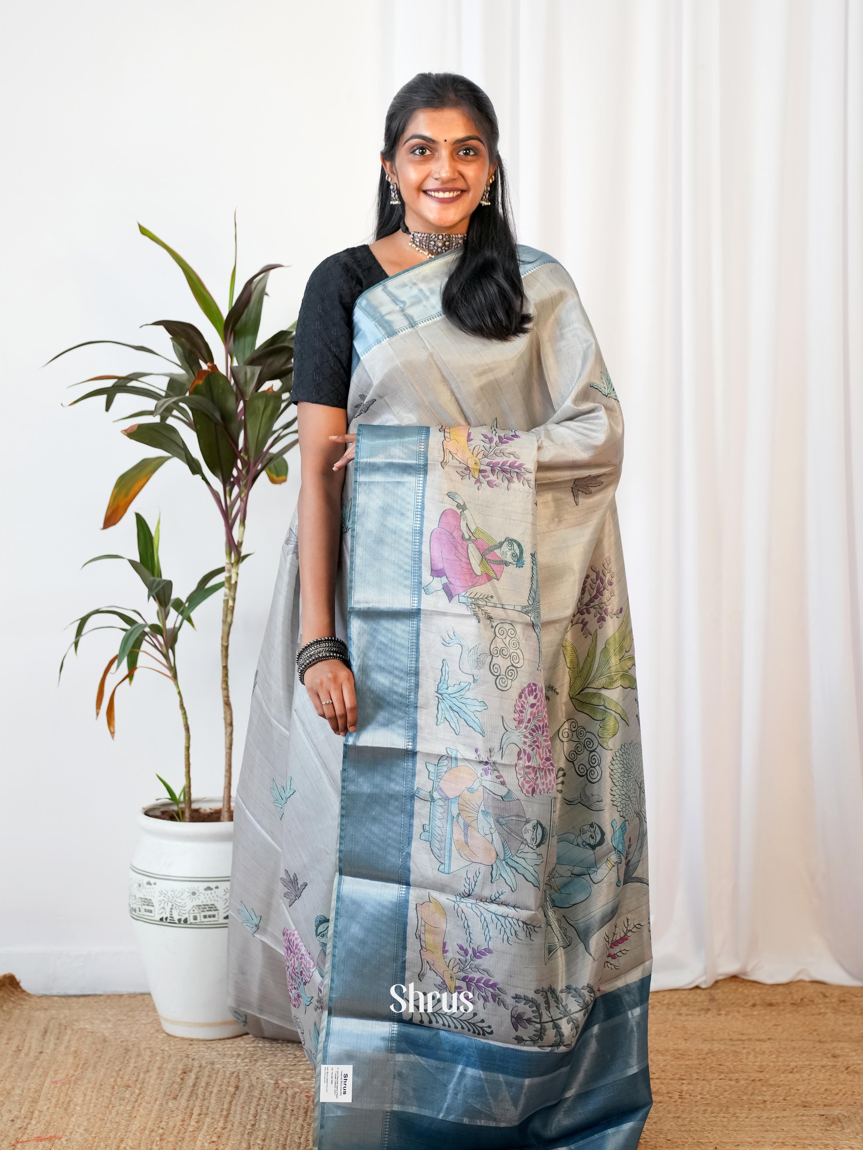 Cream & Blue- Printed Tussar Saree - Shop on Shrus.com