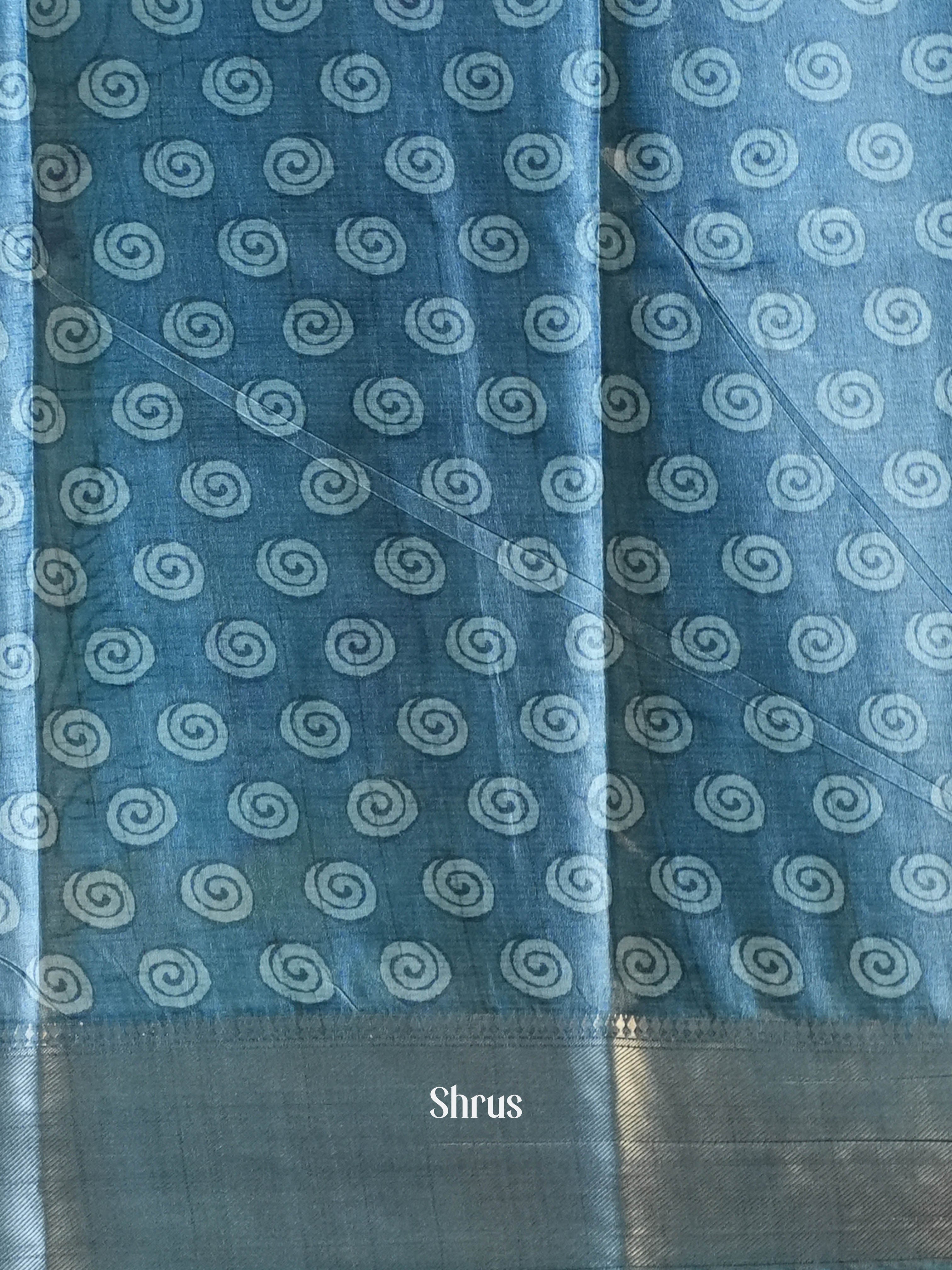 Cream & Blue- Printed Tussar Saree - Shop on Shrus.com