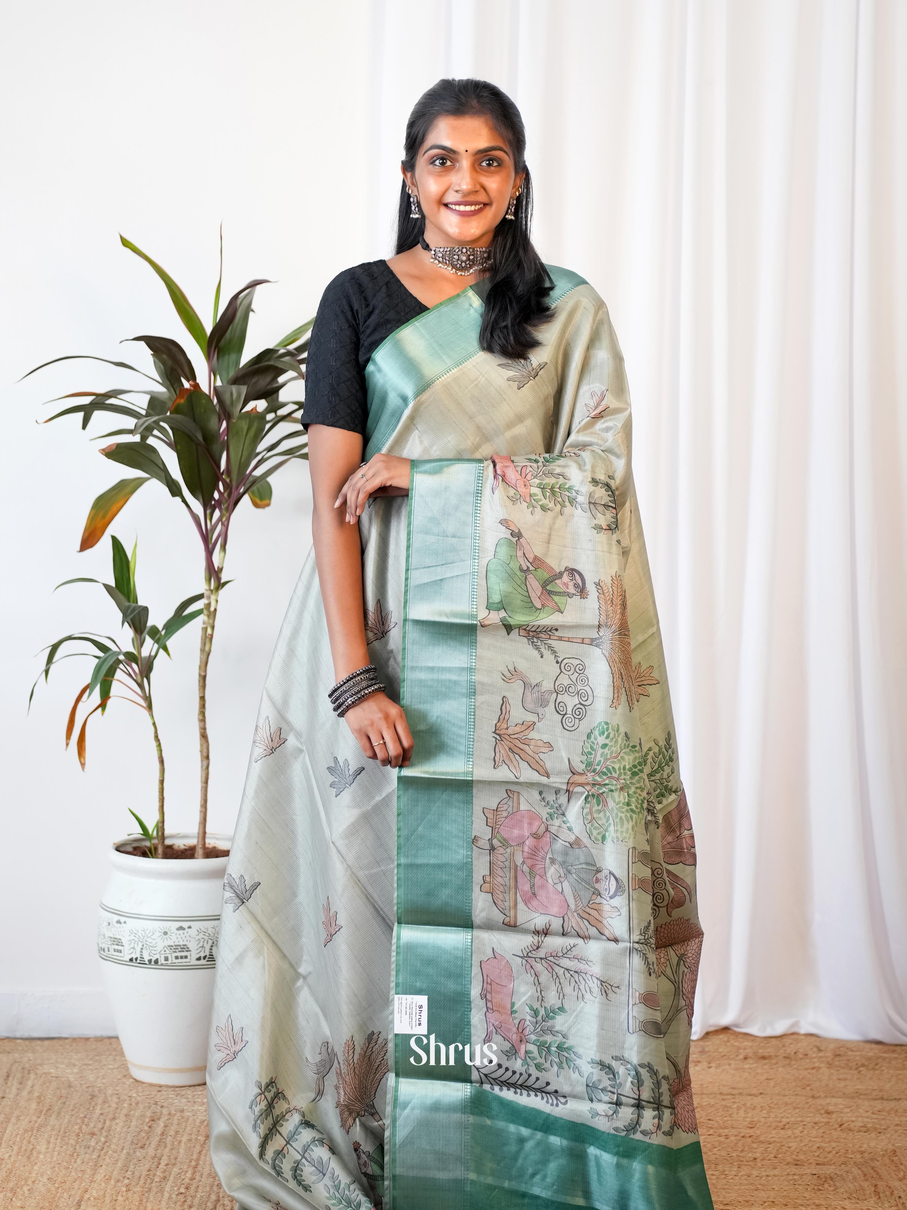 Green- Printed Tussar Saree - Shop on Shrus.com