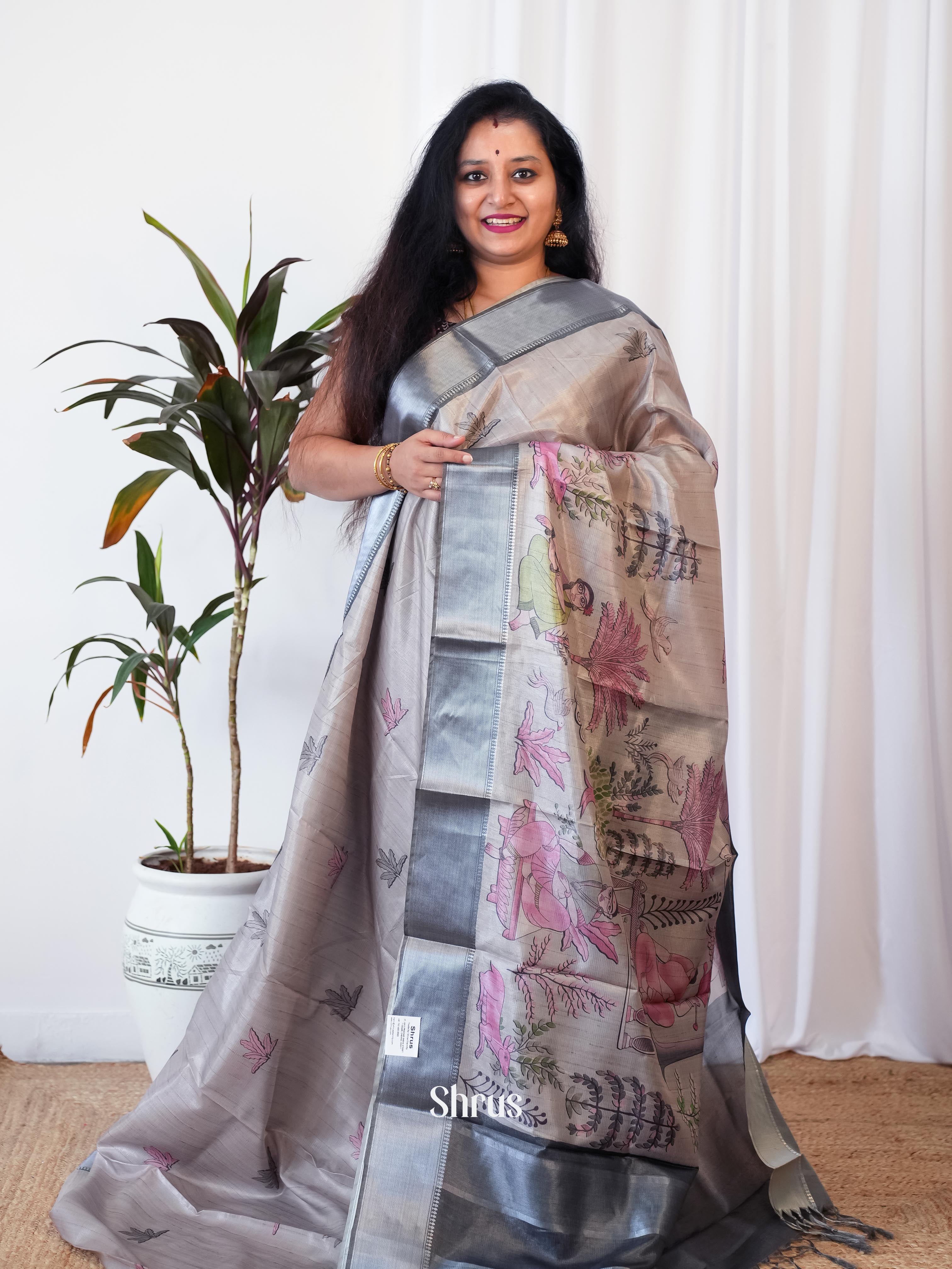 Grey - Printed Tussar Saree - Shop on Shrus.com