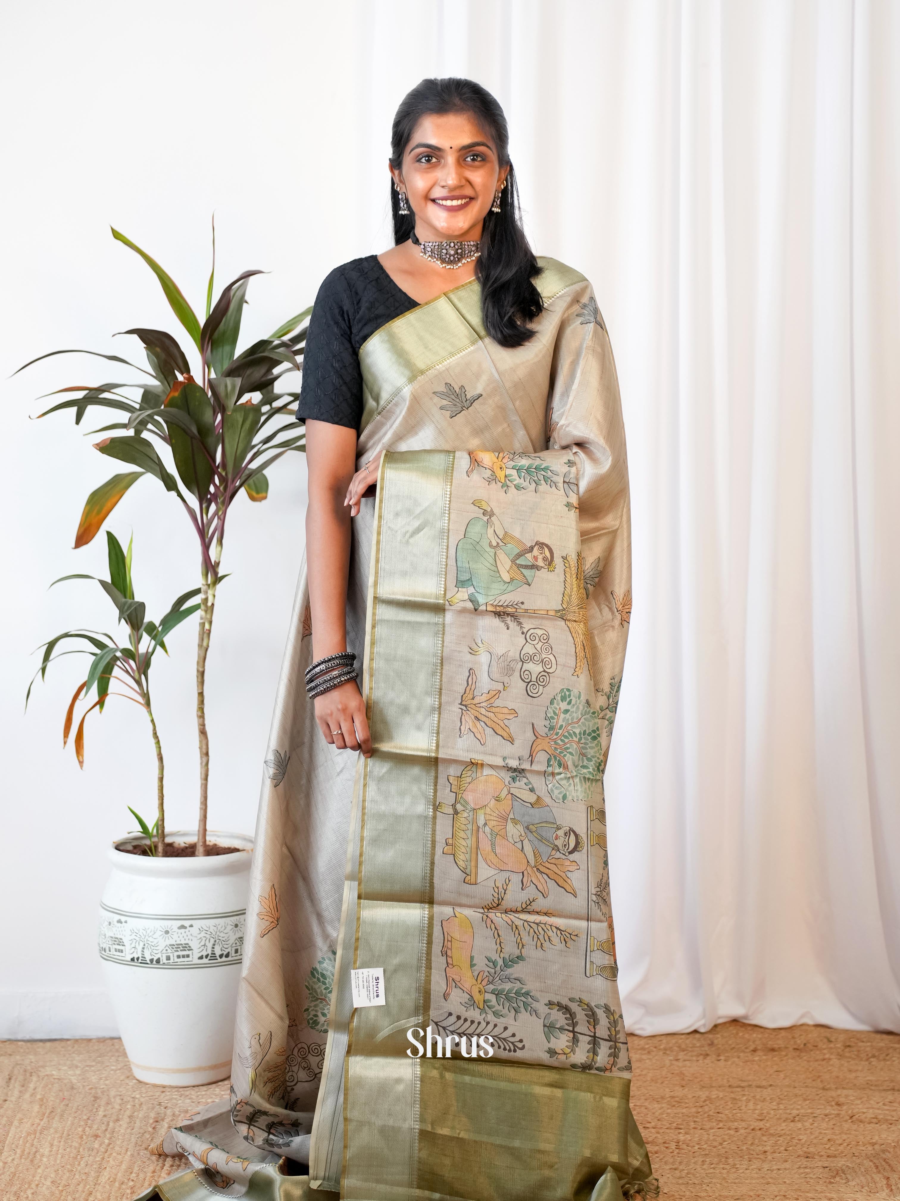 Grey & Green - Printed Tussar Saree - Shop on Shrus.com
