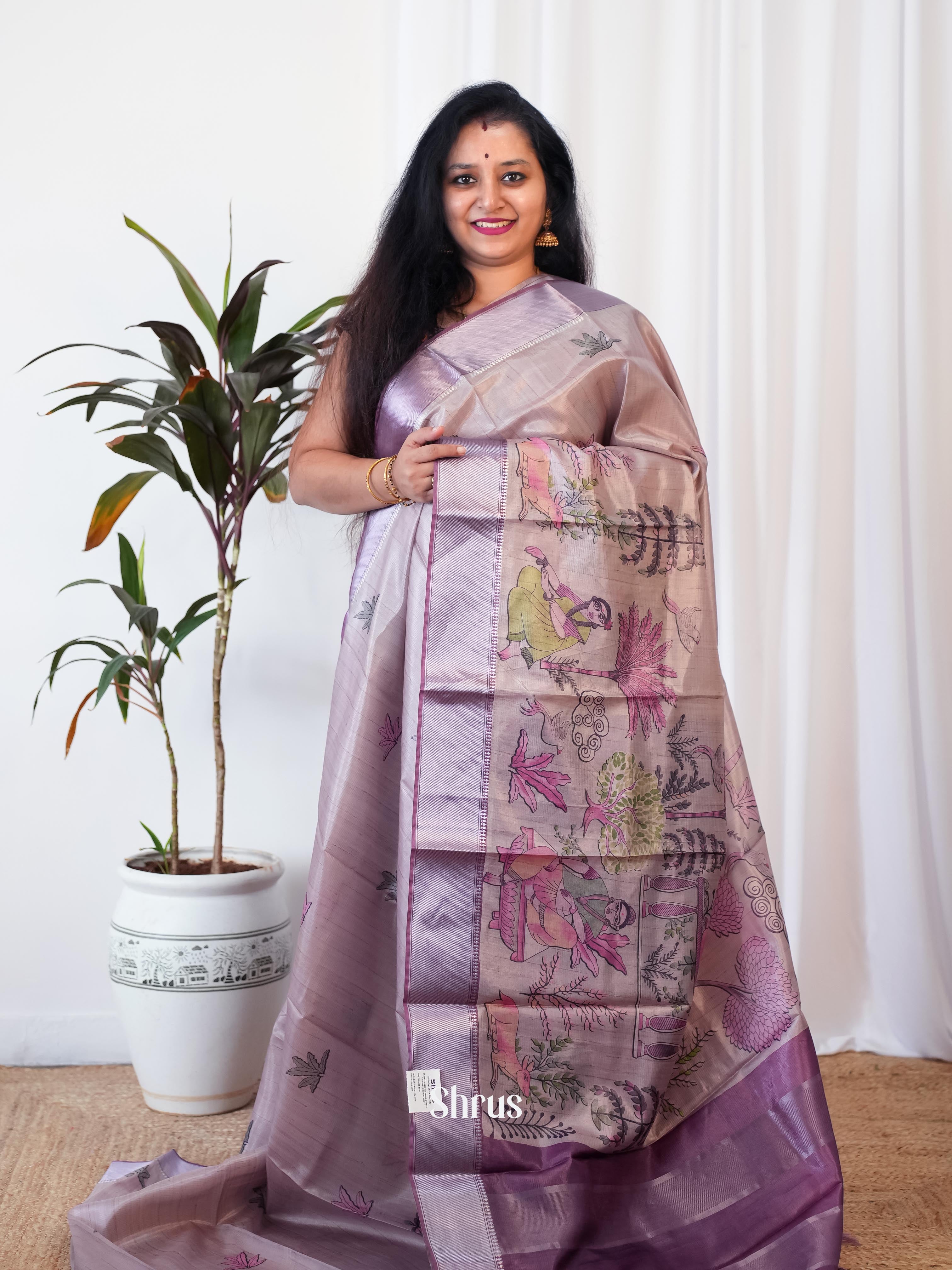 Mild Lavender & Purple - Printed Tussar Saree - Shop on Shrus.com