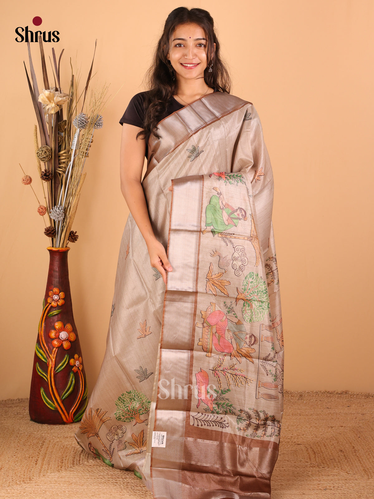Brown with beige - Printed Tussar - CIS06453 - Shop on Shrus.com