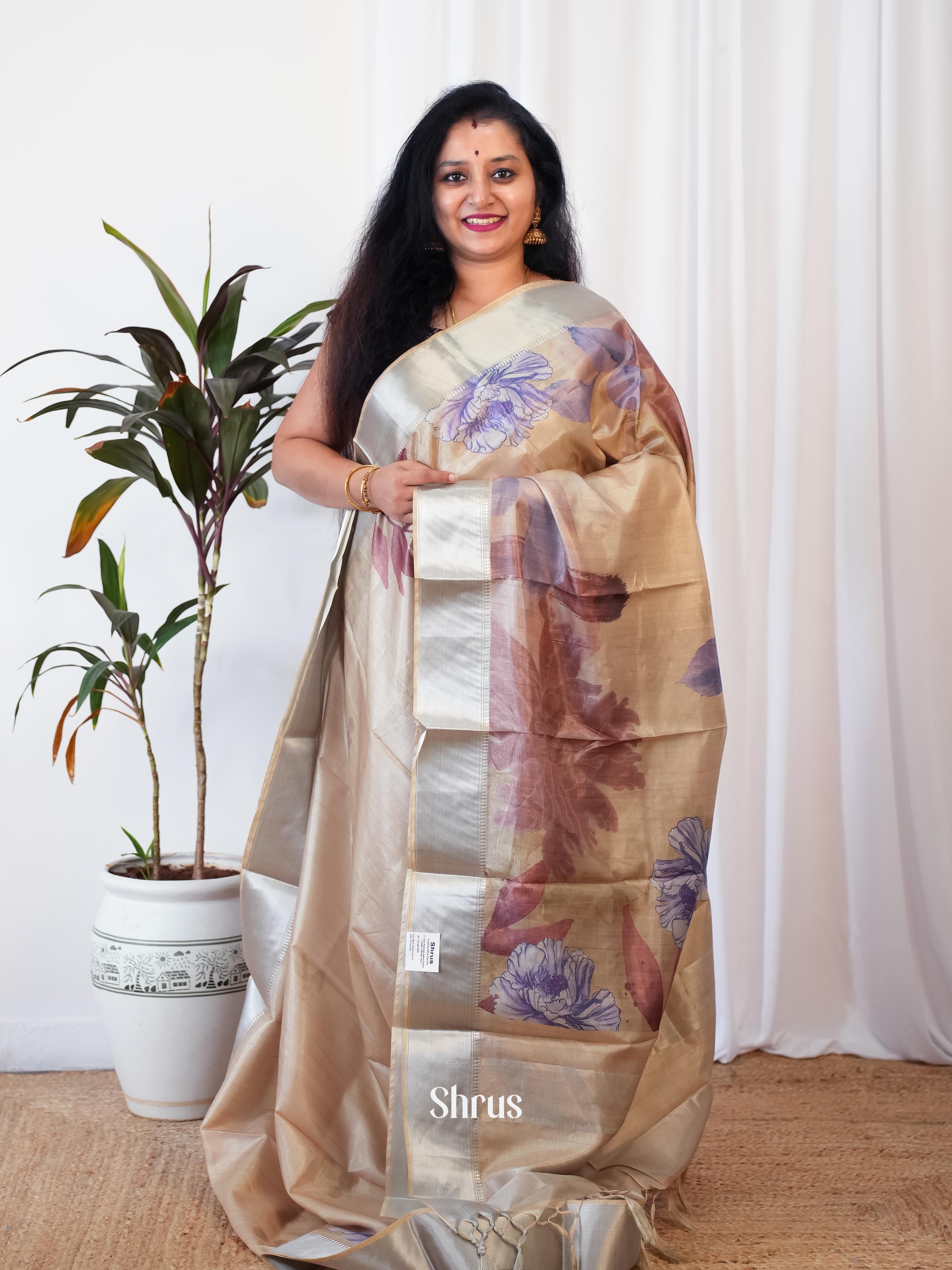 Cream - Printed Tussar Saree - Shop on Shrus.com