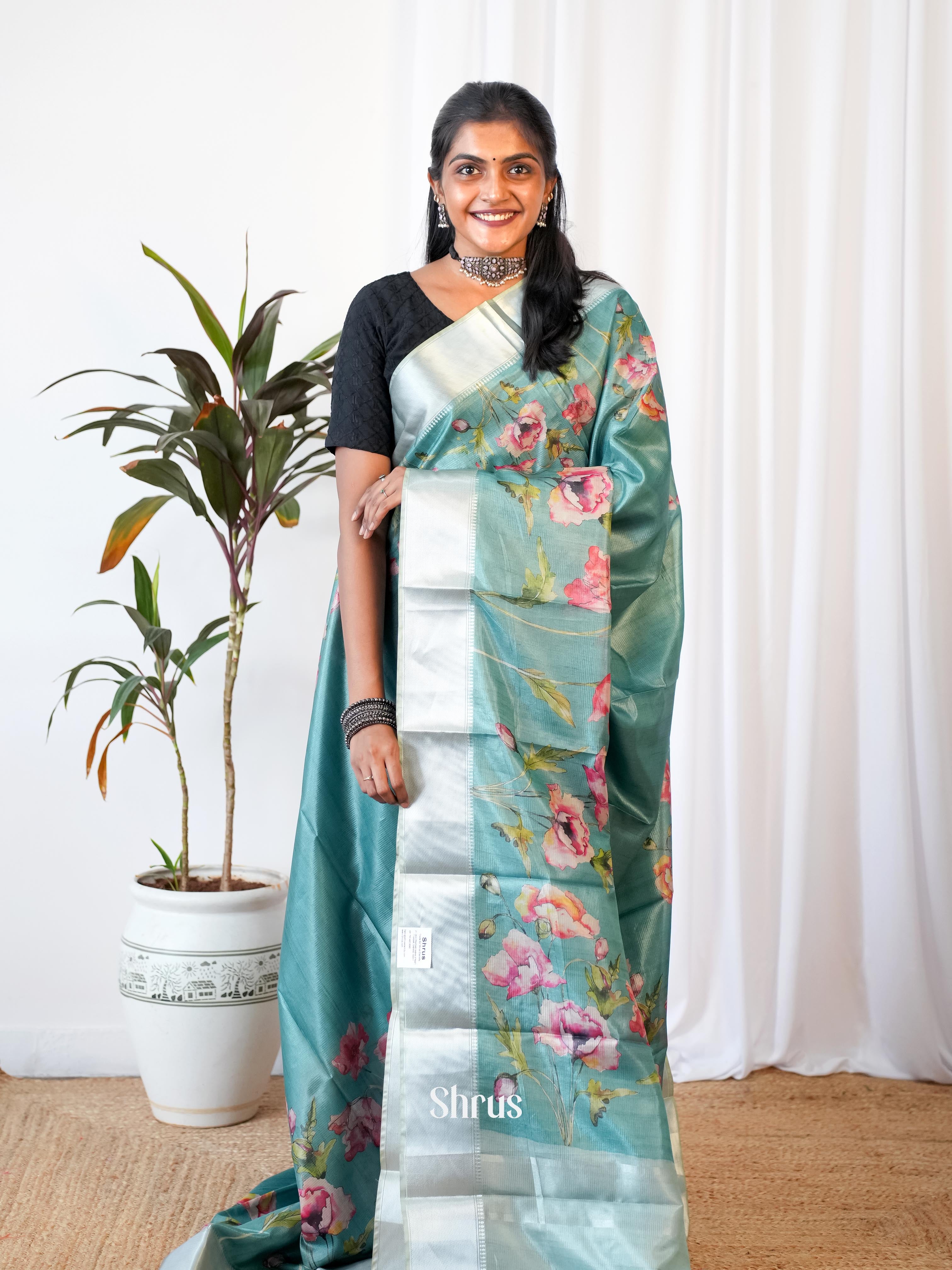 Teal - Printed Tussar Saree - Shop on Shrus.com