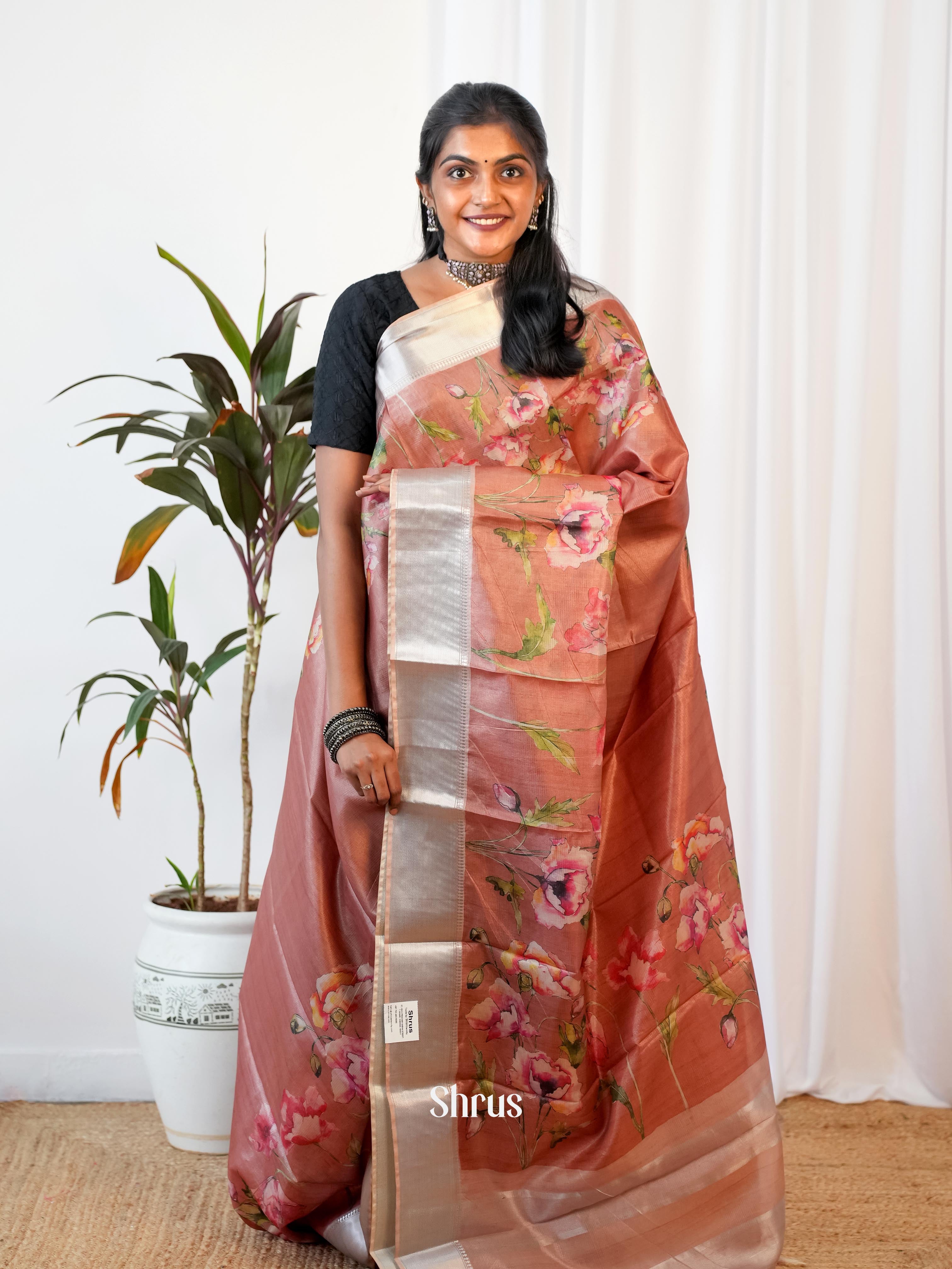 Brown - Printed Tussar Saree - Shop on Shrus.com