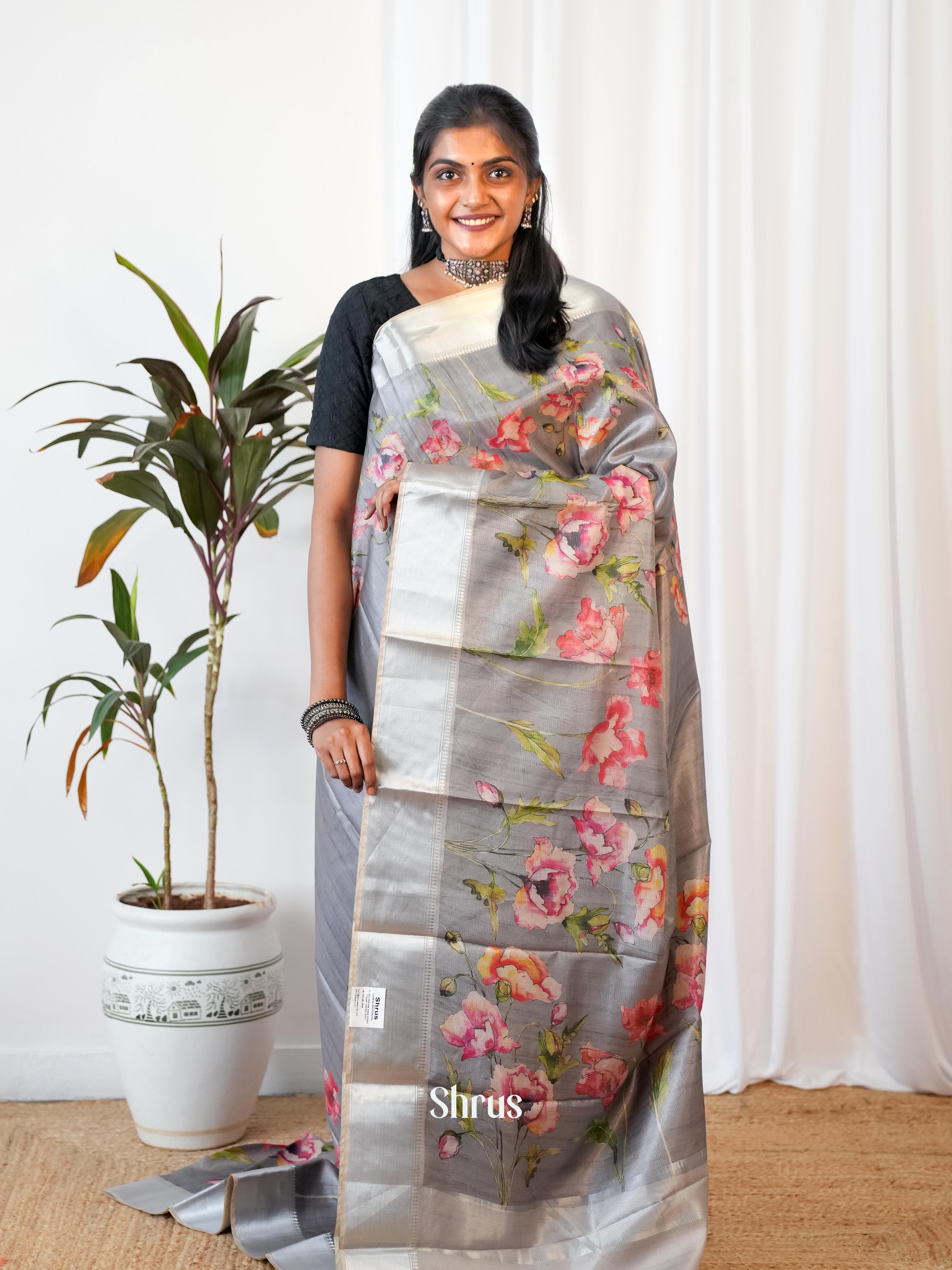 Grey - Printed Tussar Saree - Shop on Shrus.com