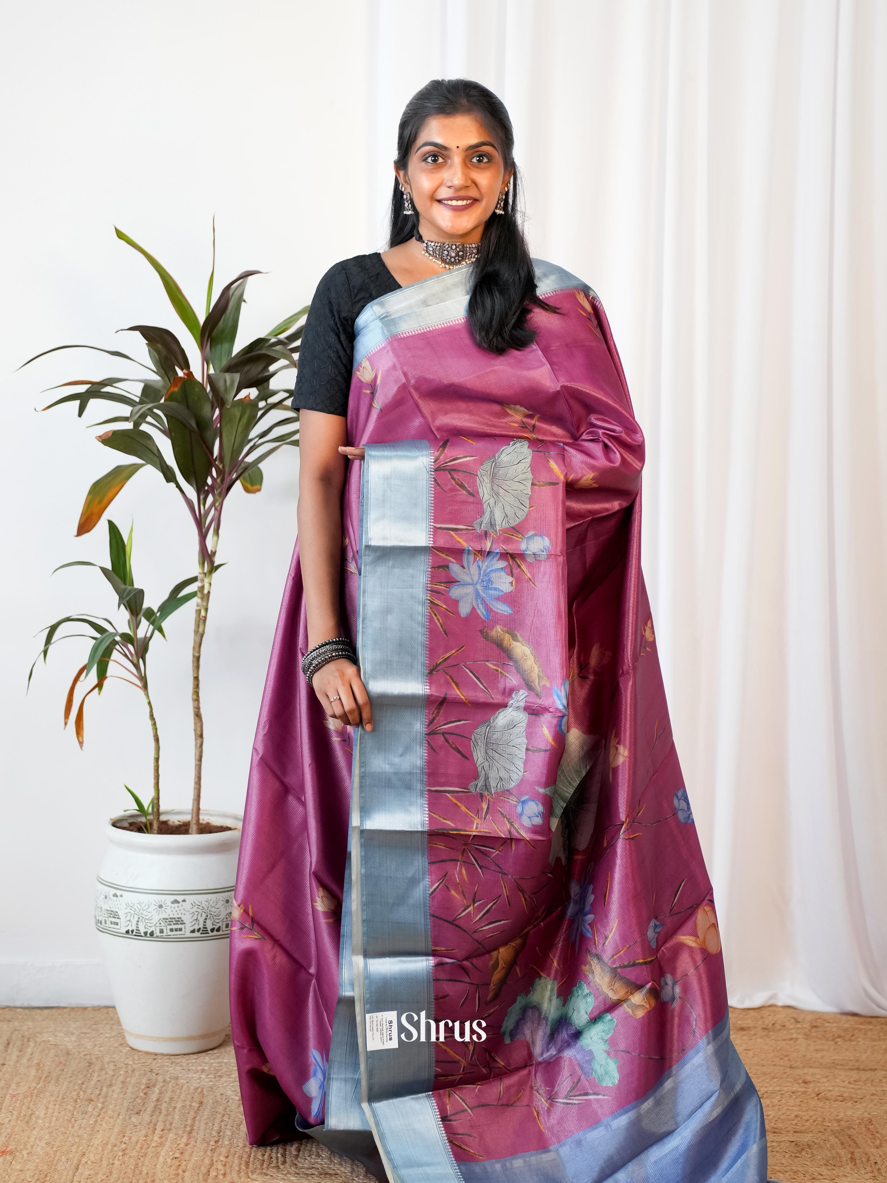 majenta- Printed Tussar Saree - Shop on Shrus.com