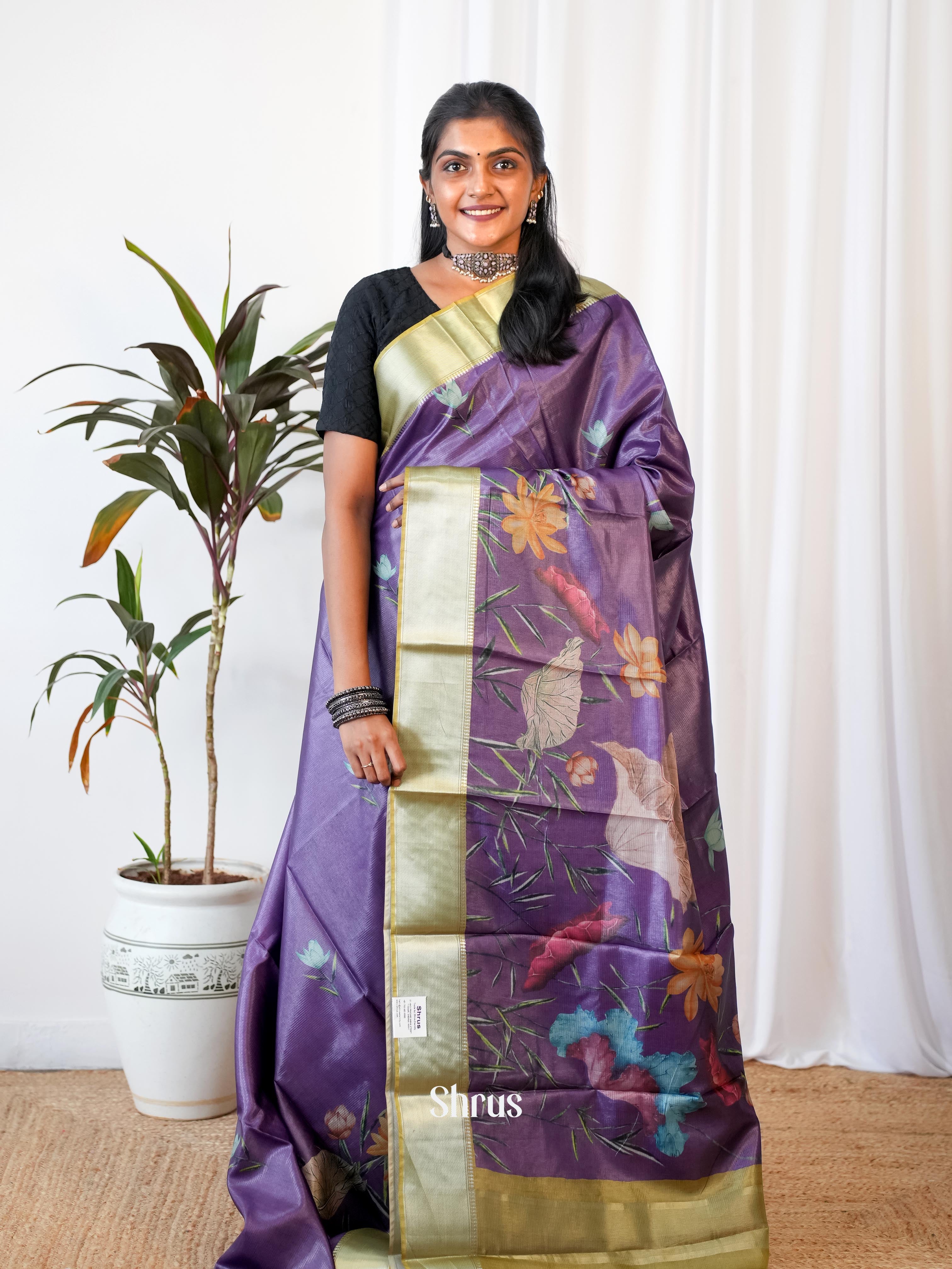 Purple & Green - Printed Tussar Saree - Shop on Shrus.com