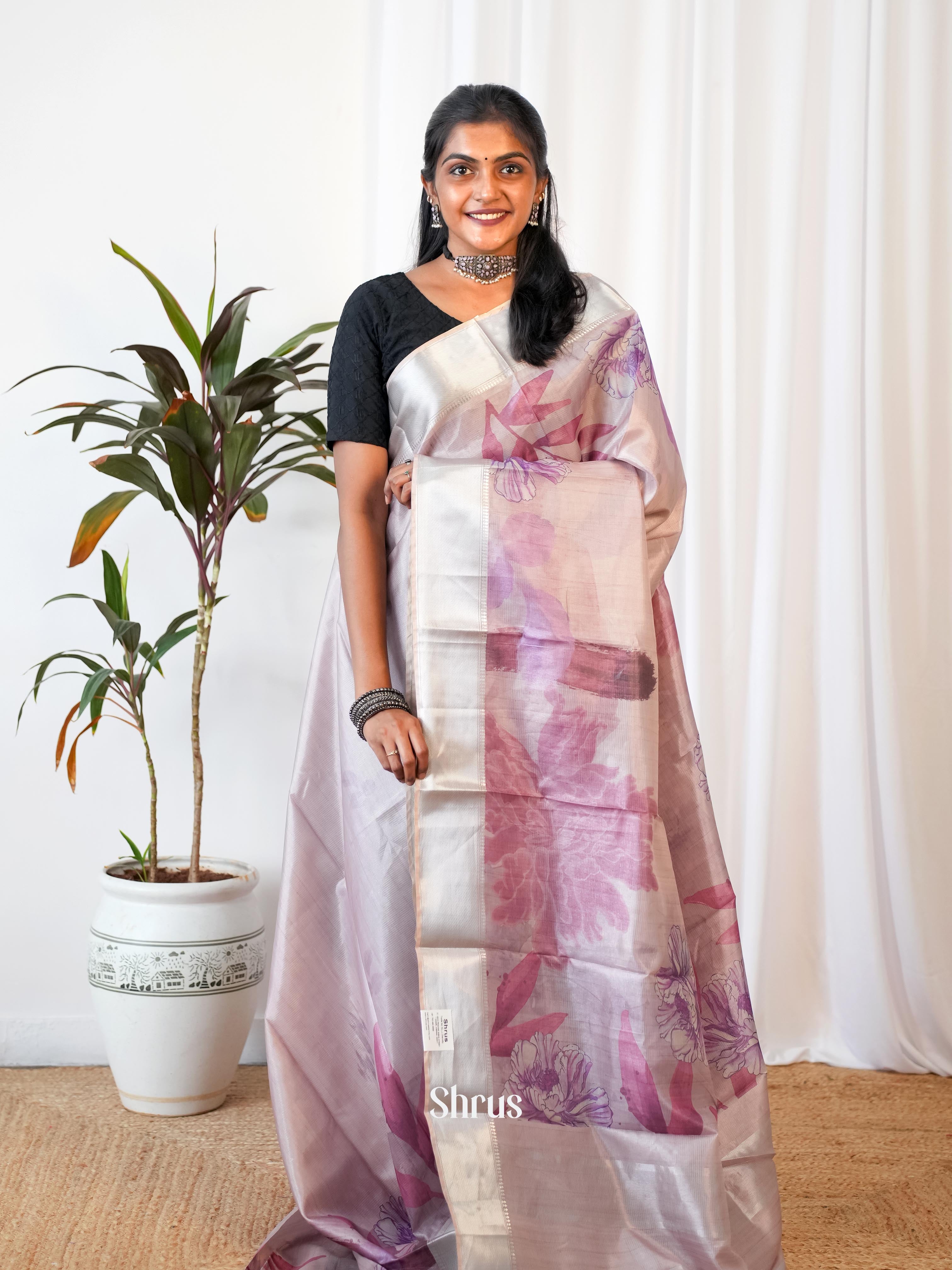 Purple - Printed Tussar Saree - Shop on Shrus.com