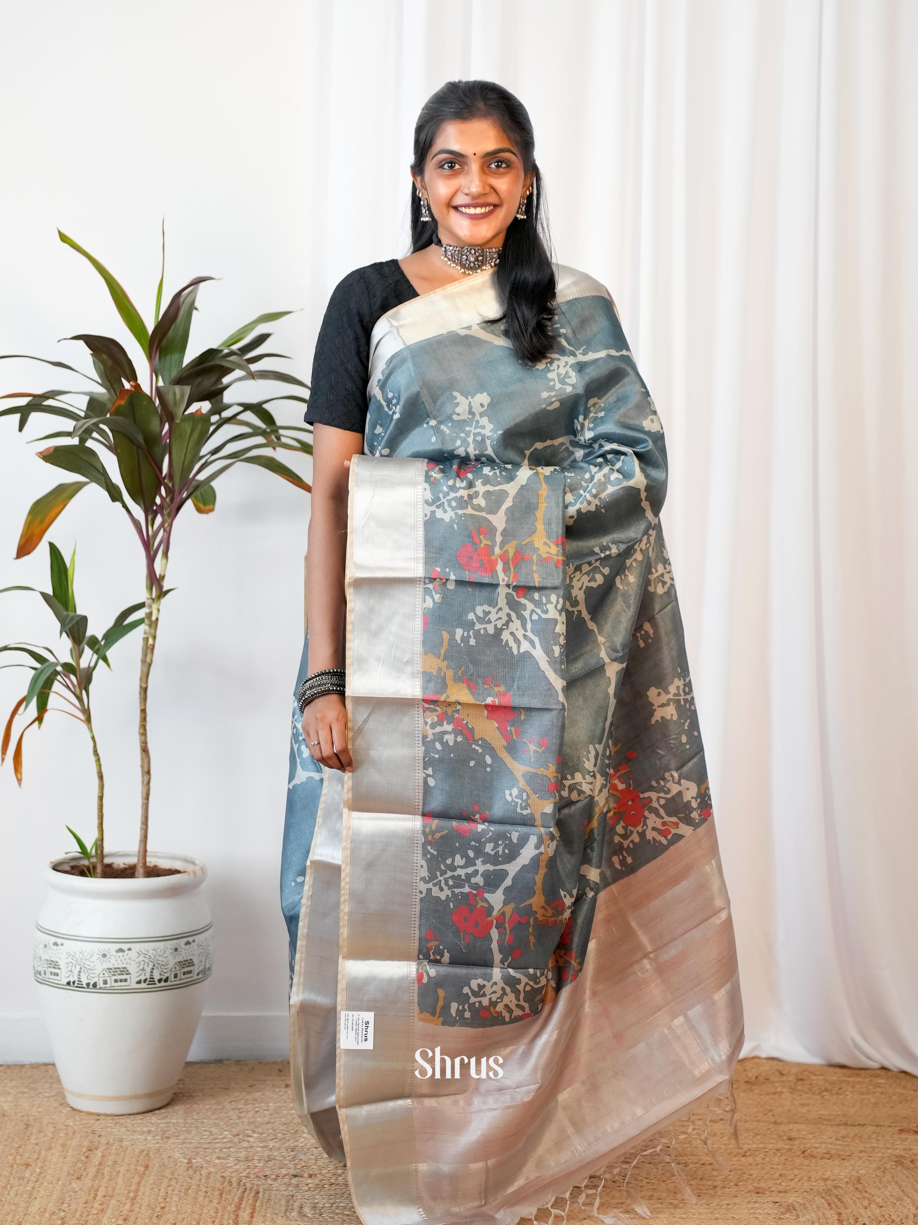 Grey - Printed Tussar Saree - Shop on Shrus.com