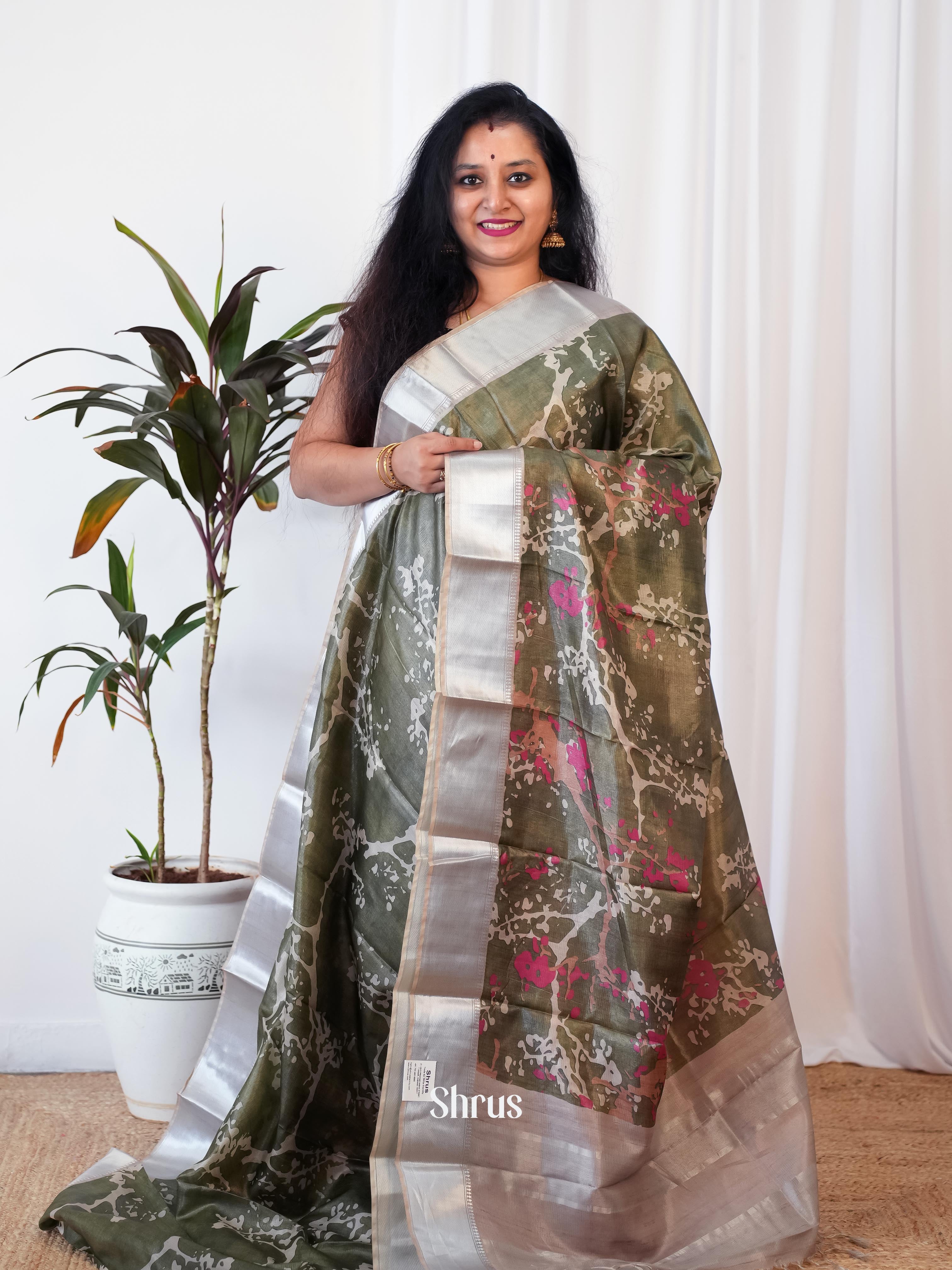 Green & Grey - Printed Tussar Saree - Shop on Shrus.com