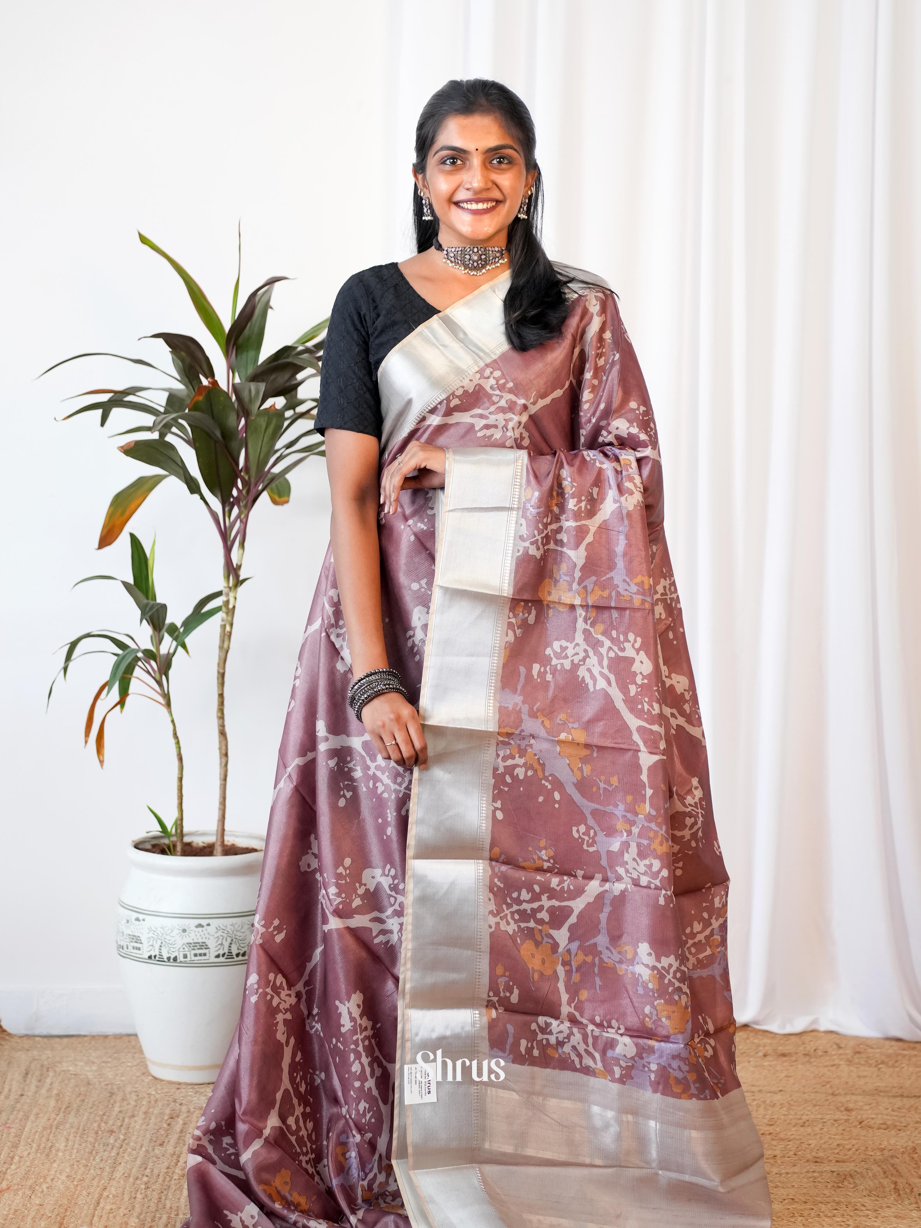 Brown & Grey- Printed Tussar Saree - Shop on Shrus.com