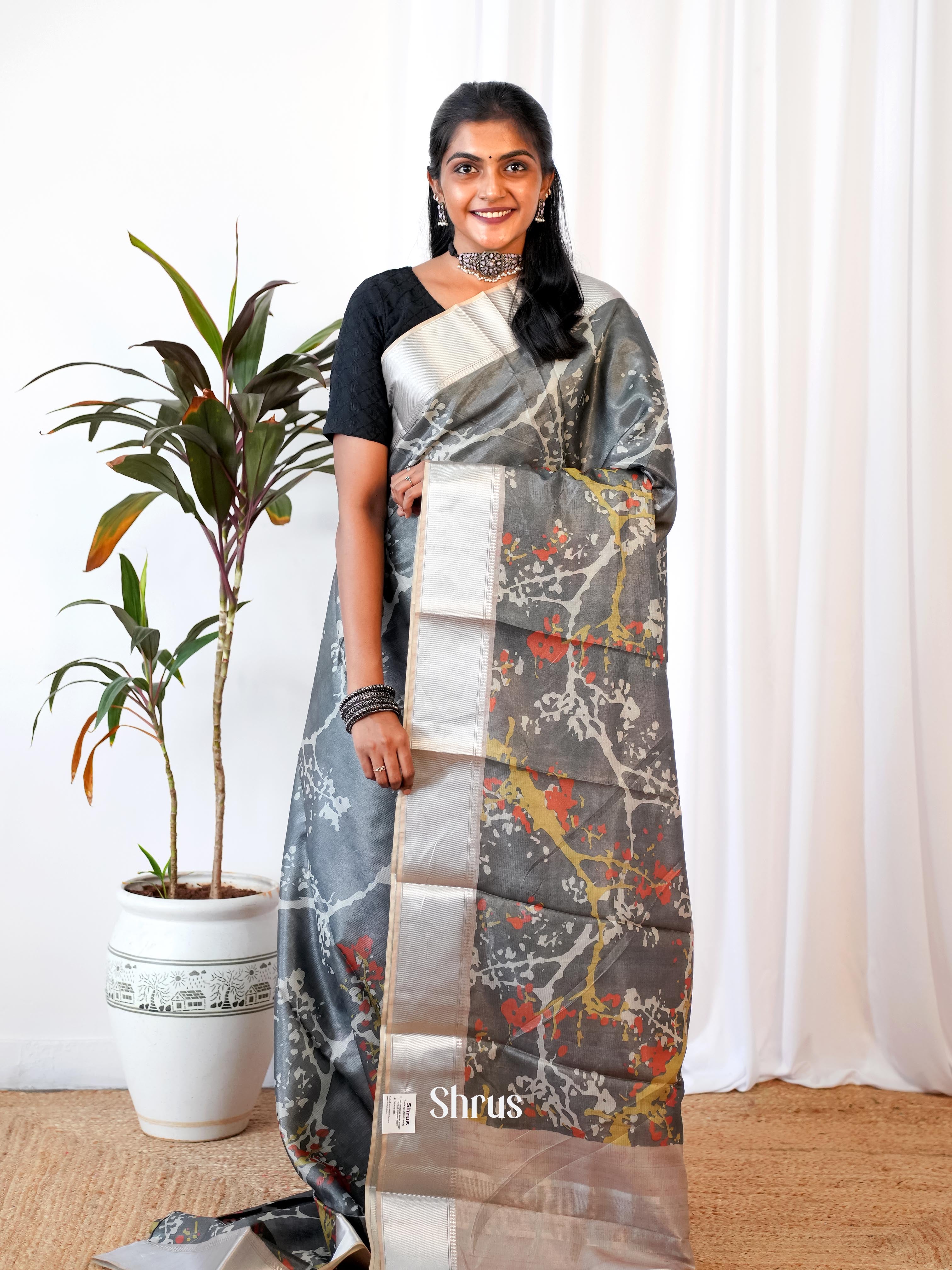 Grey - Printed Tussar Saree - Shop on Shrus.com