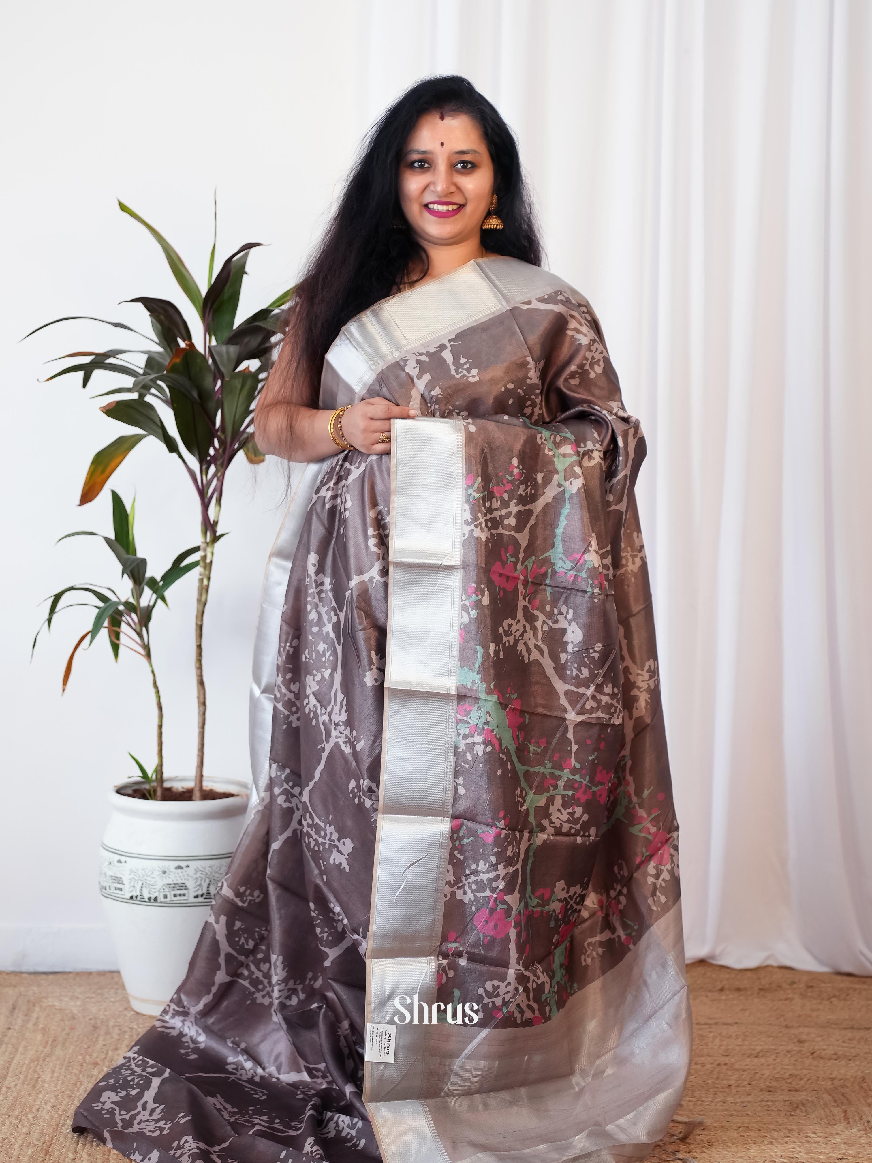 Grey - Printed Tussar Saree - Shop on Shrus.com
