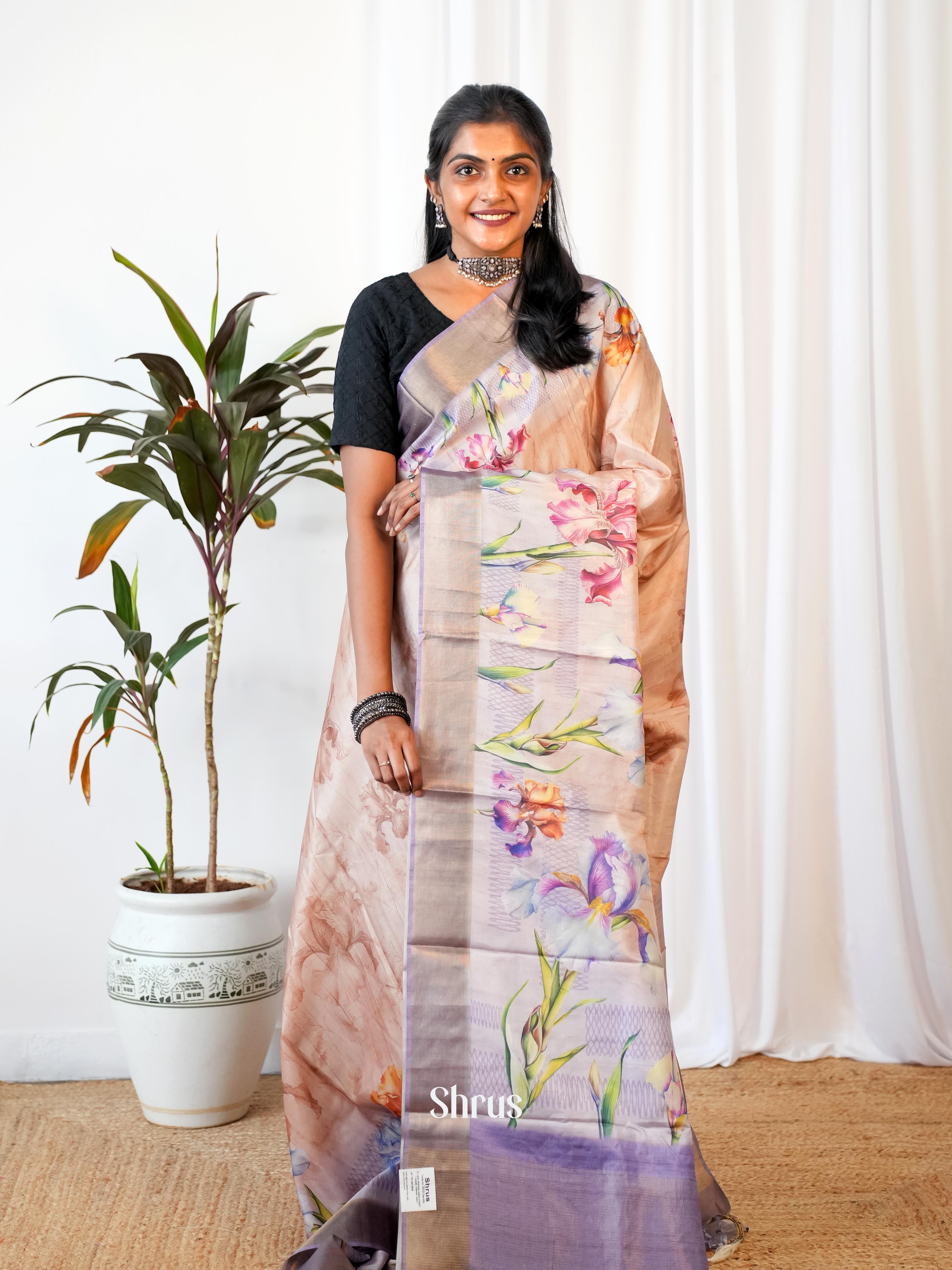 Lite Brown & Purple - Printed Tussar Saree - Shop on Shrus.com