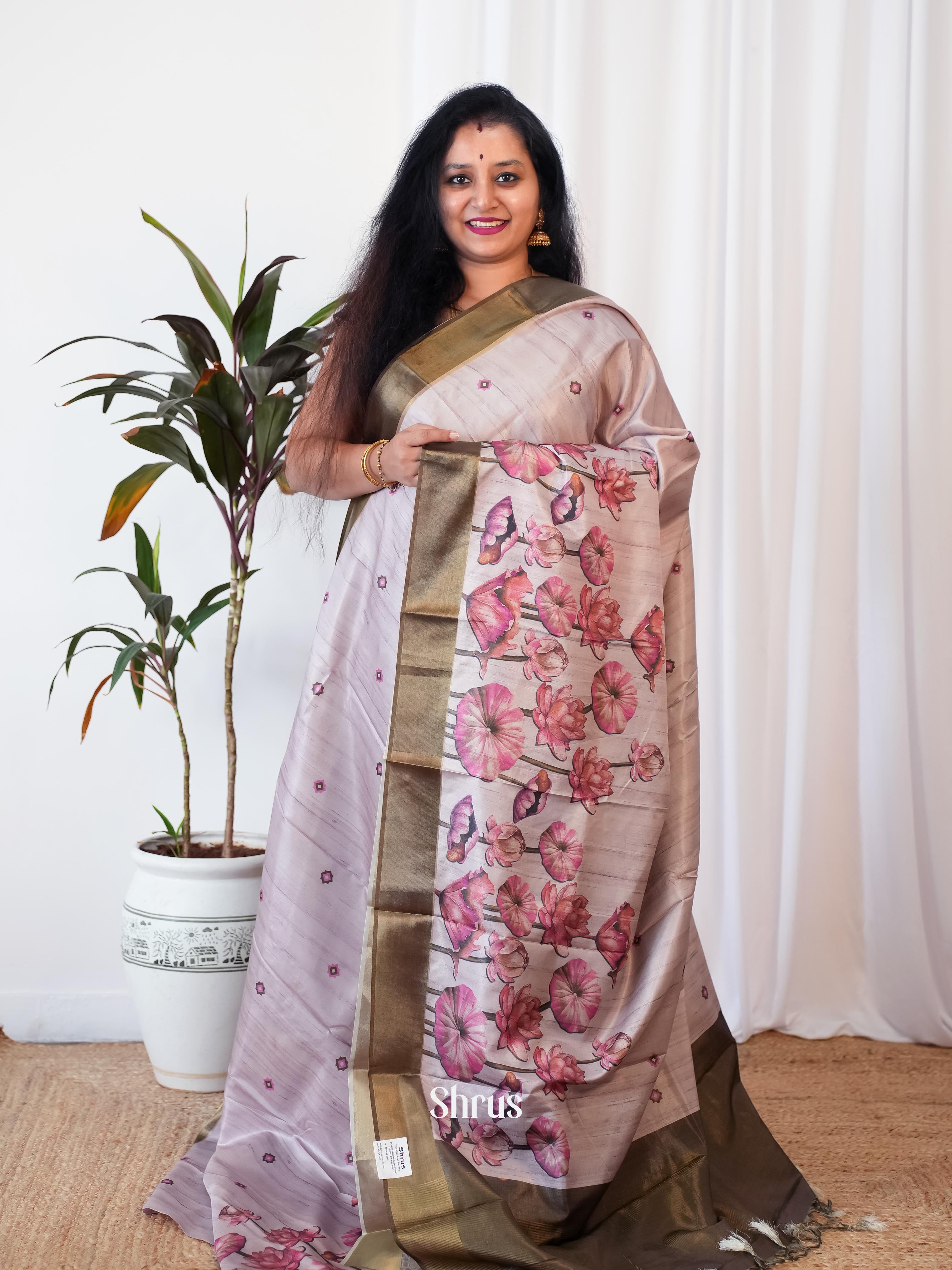 Mild Purple & Brown - Printed Tussar Saree - Shop on Shrus.com