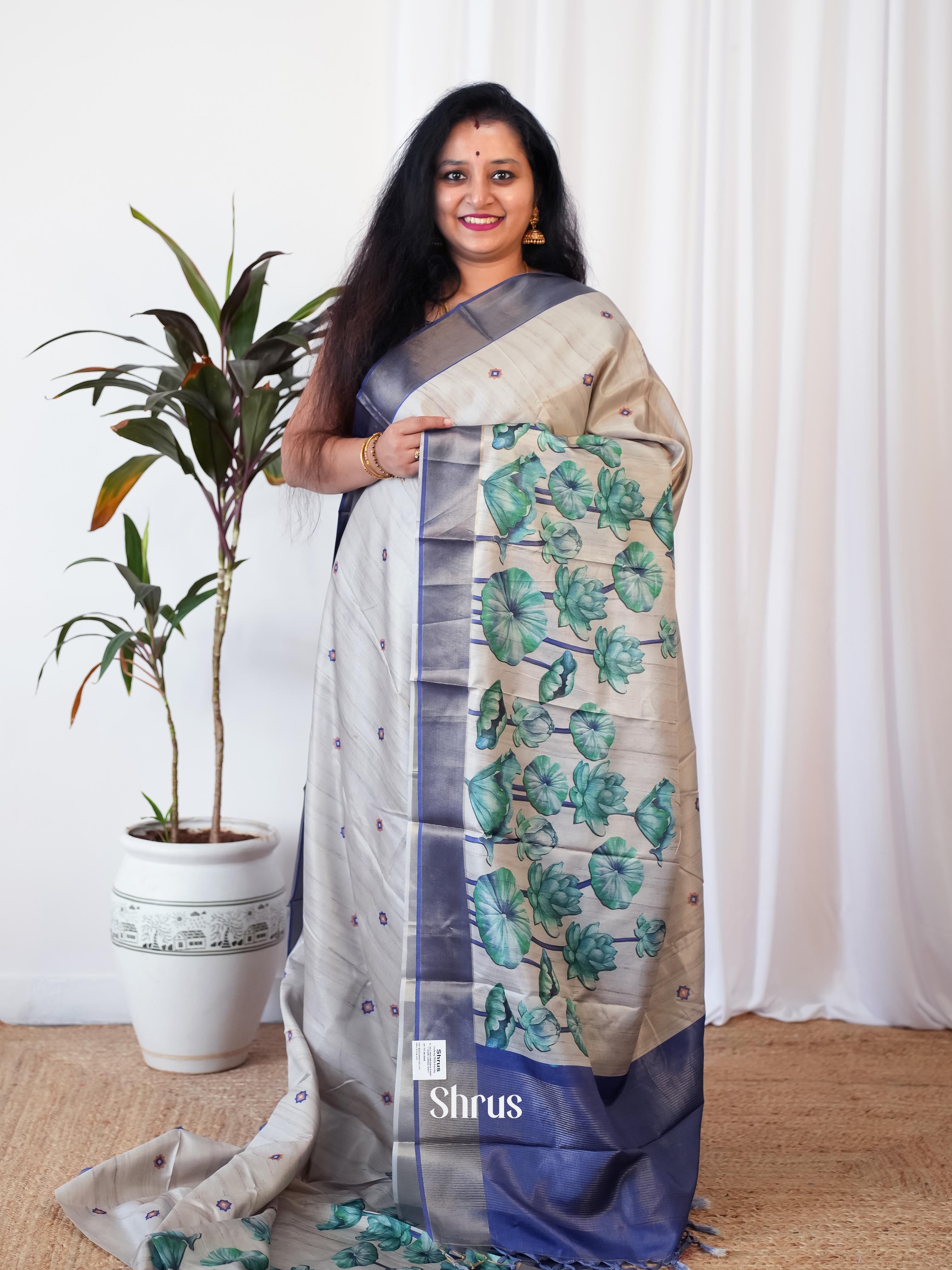 Grey & Blue- Printed Tussar Saree - Shop on Shrus.com