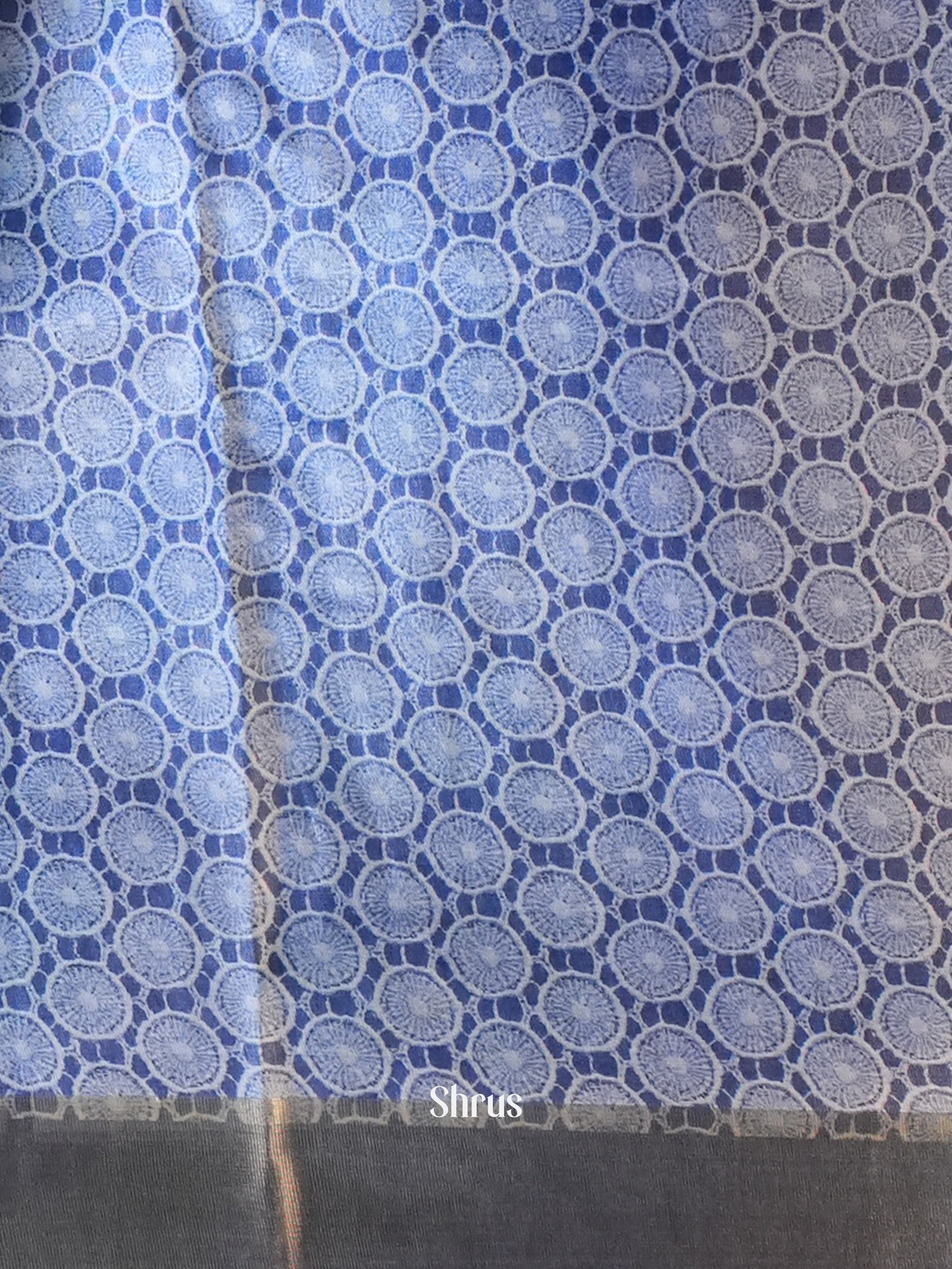 Grey & Blue- Printed Tussar Saree - Shop on Shrus.com