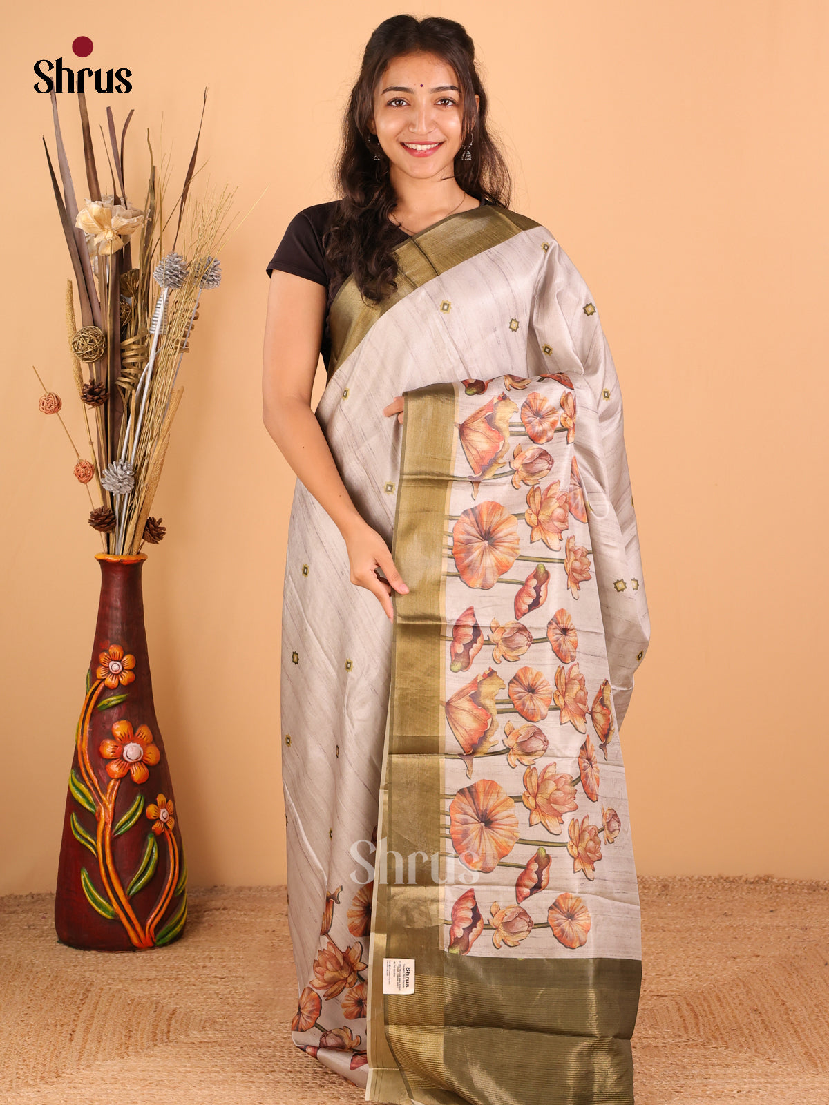 Grey with olive green - Printed Tussar - CIS06473 - Shop on Shrus.com
