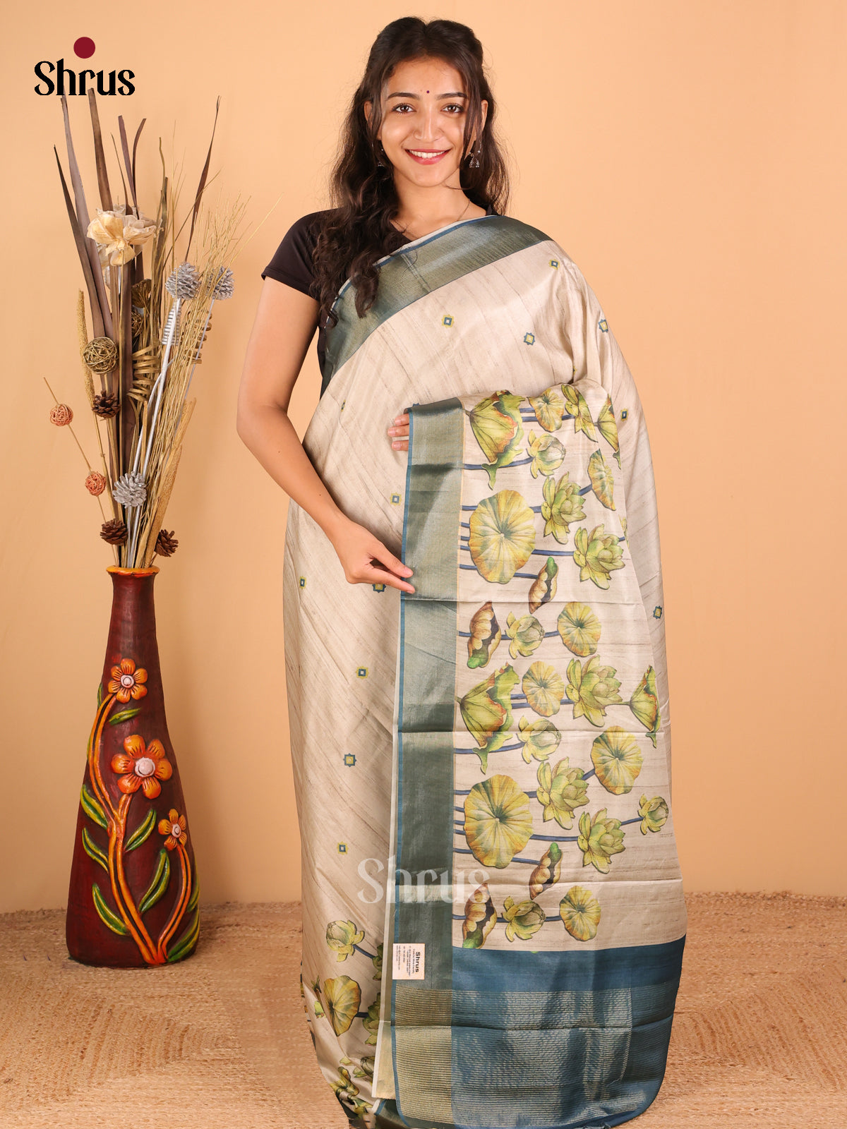 Beige with peacock Blue - Printed Tussar - CIS06475 - Shop on Shrus.com
