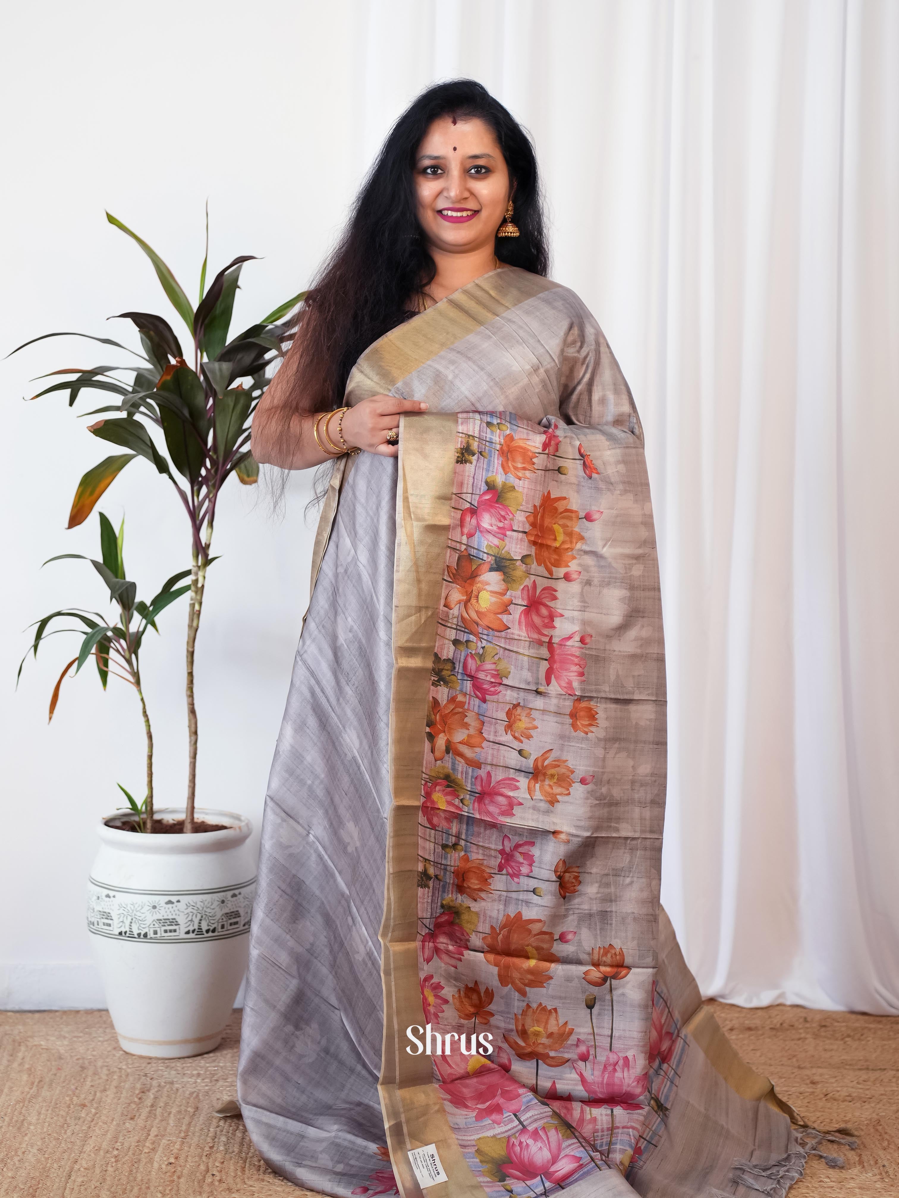 Grey - Printed Tussar Saree - Shop on Shrus.com