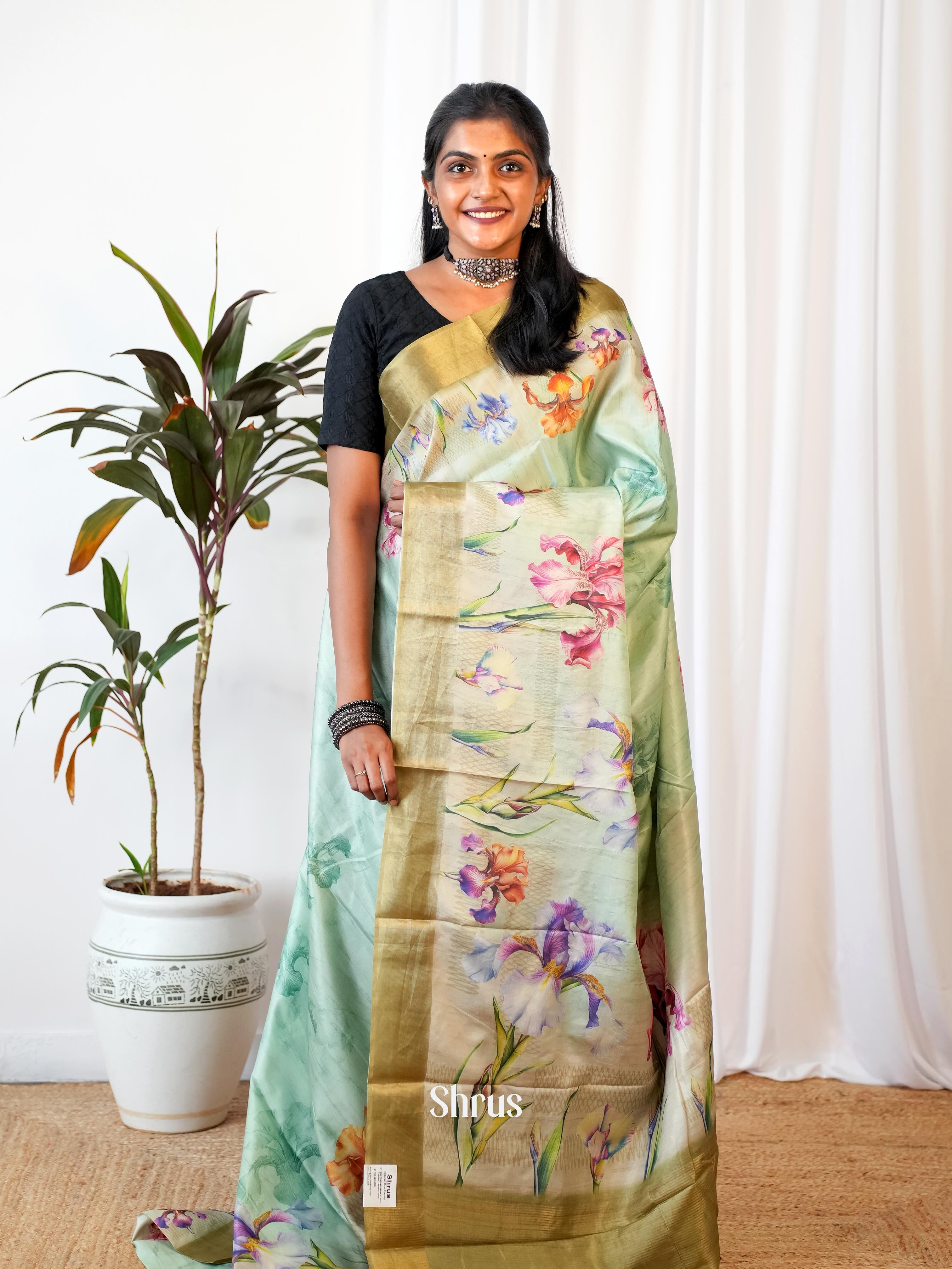 Pastel Green - Printed Tussar Saree - Shop on Shrus.com