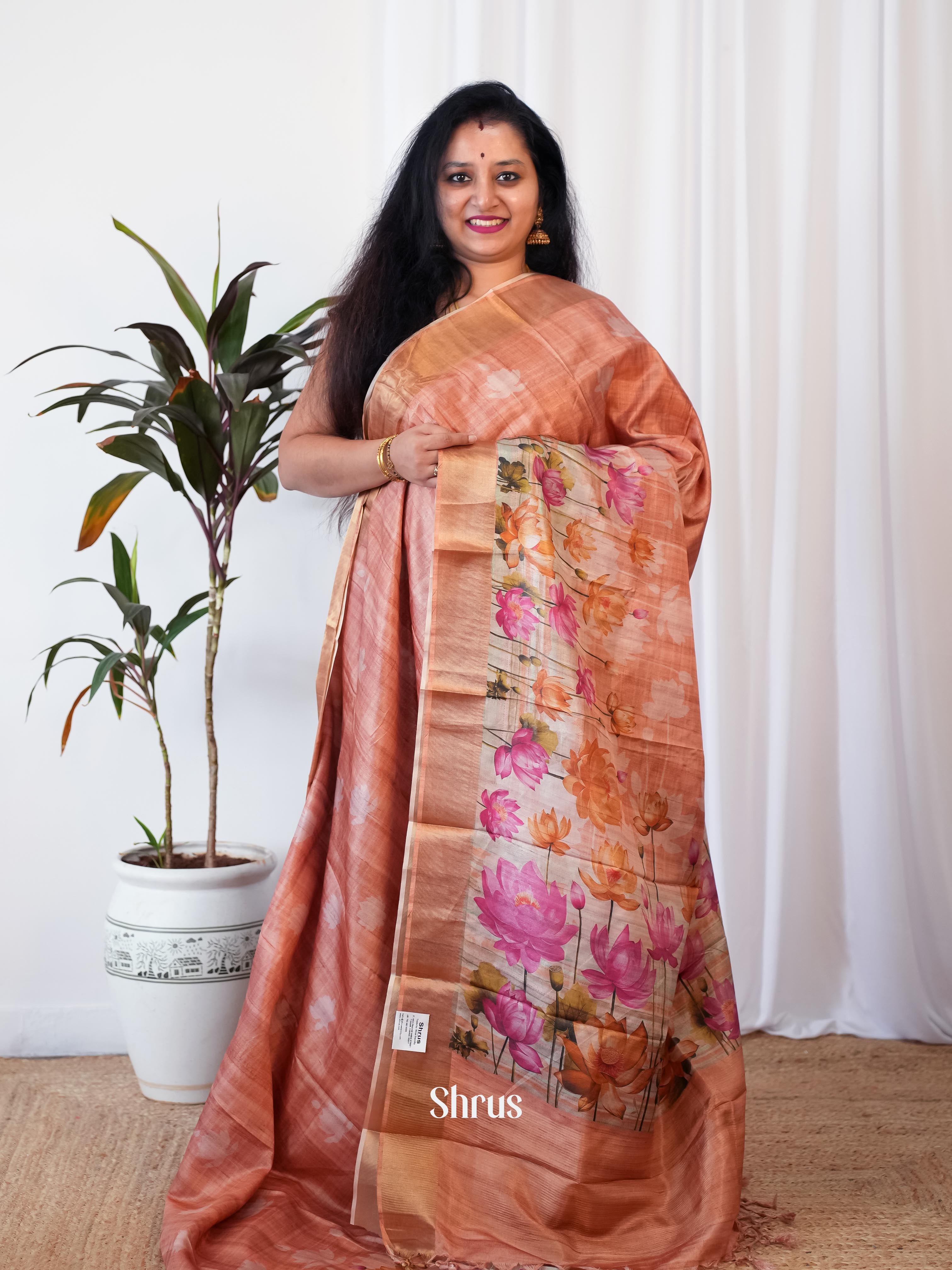 Brown - Printed Tussar Saree - Shop on Shrus.com
