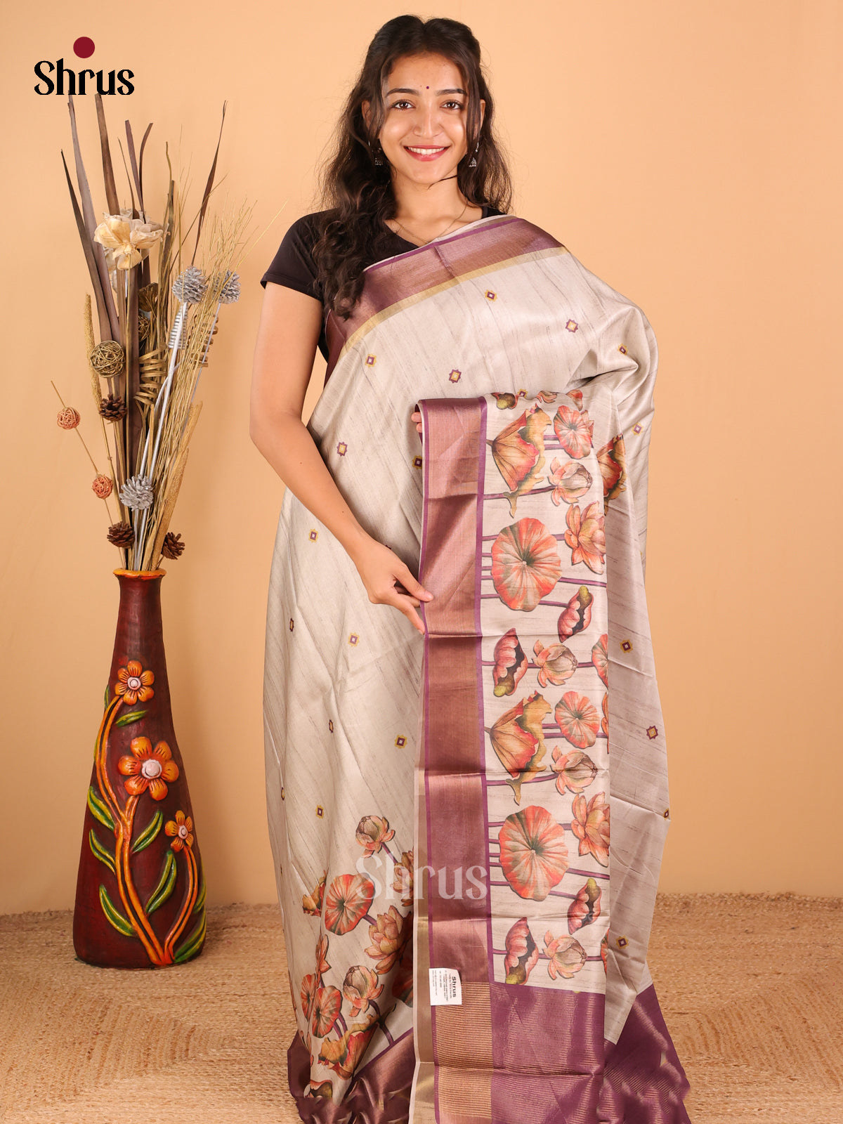Beige with Purple - Printed Tussar - CIS06479 - Shop on Shrus.com