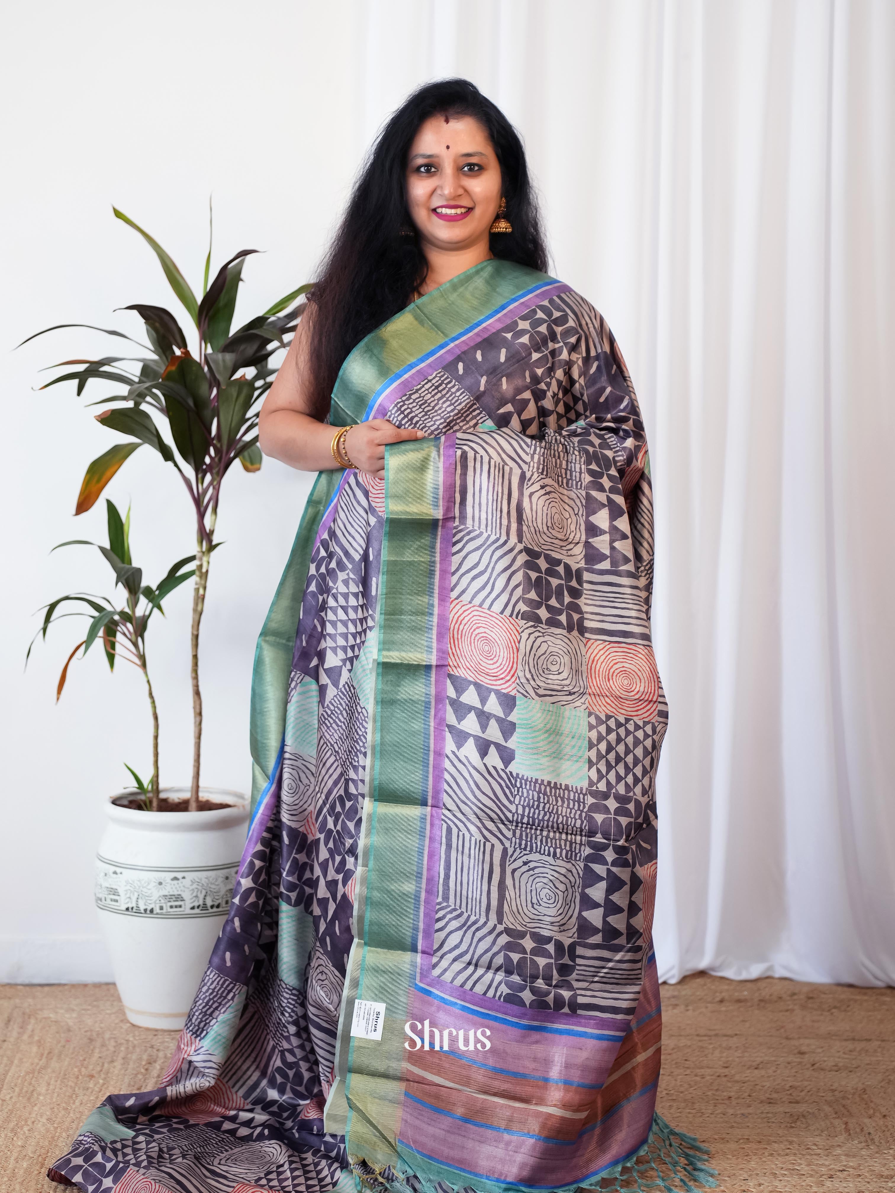 Purple & Green - Printed Tussar Saree - Shop on Shrus.com