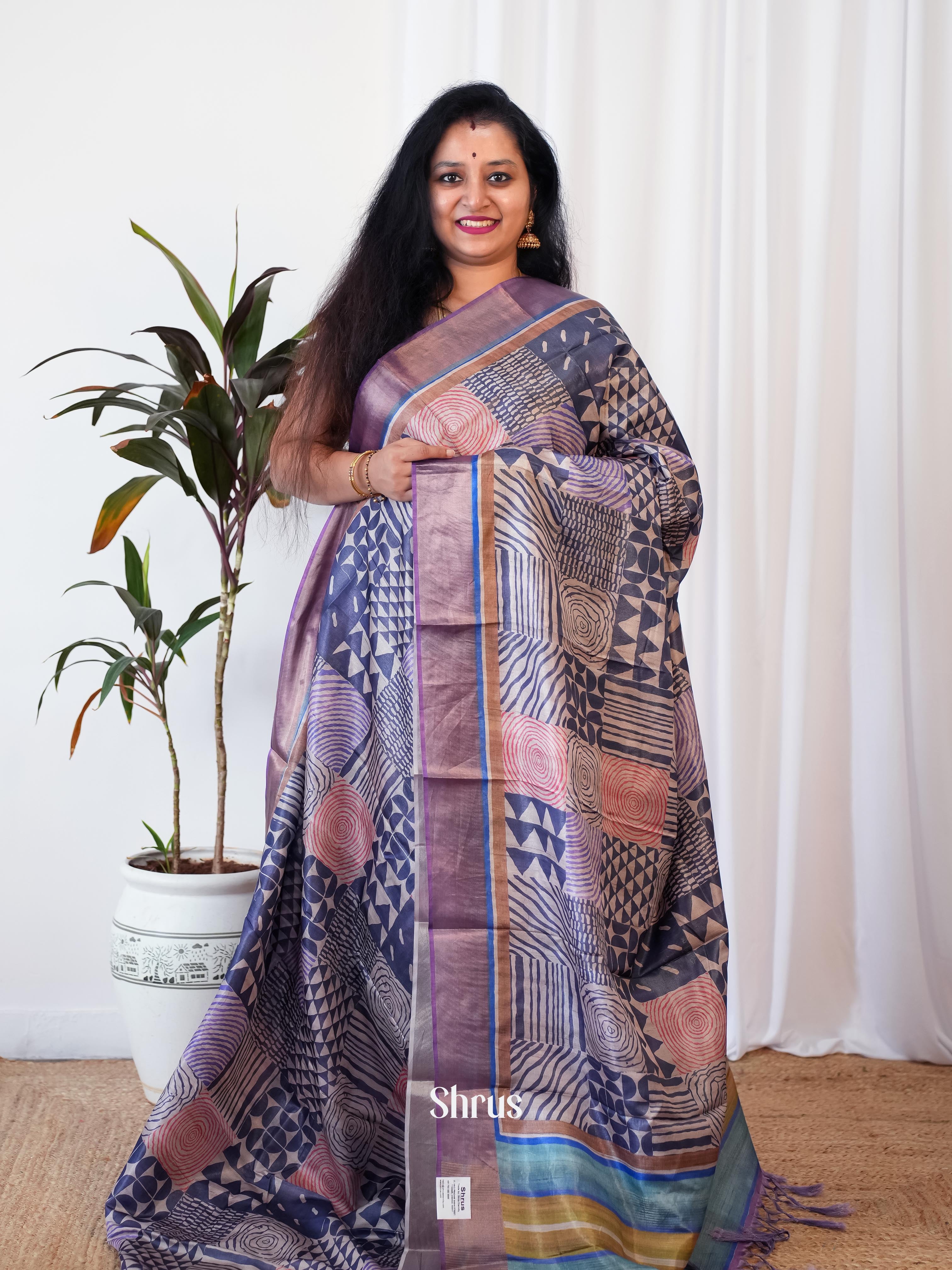 Blue & Purple - Printed Tussar Saree - Shop on Shrus.com