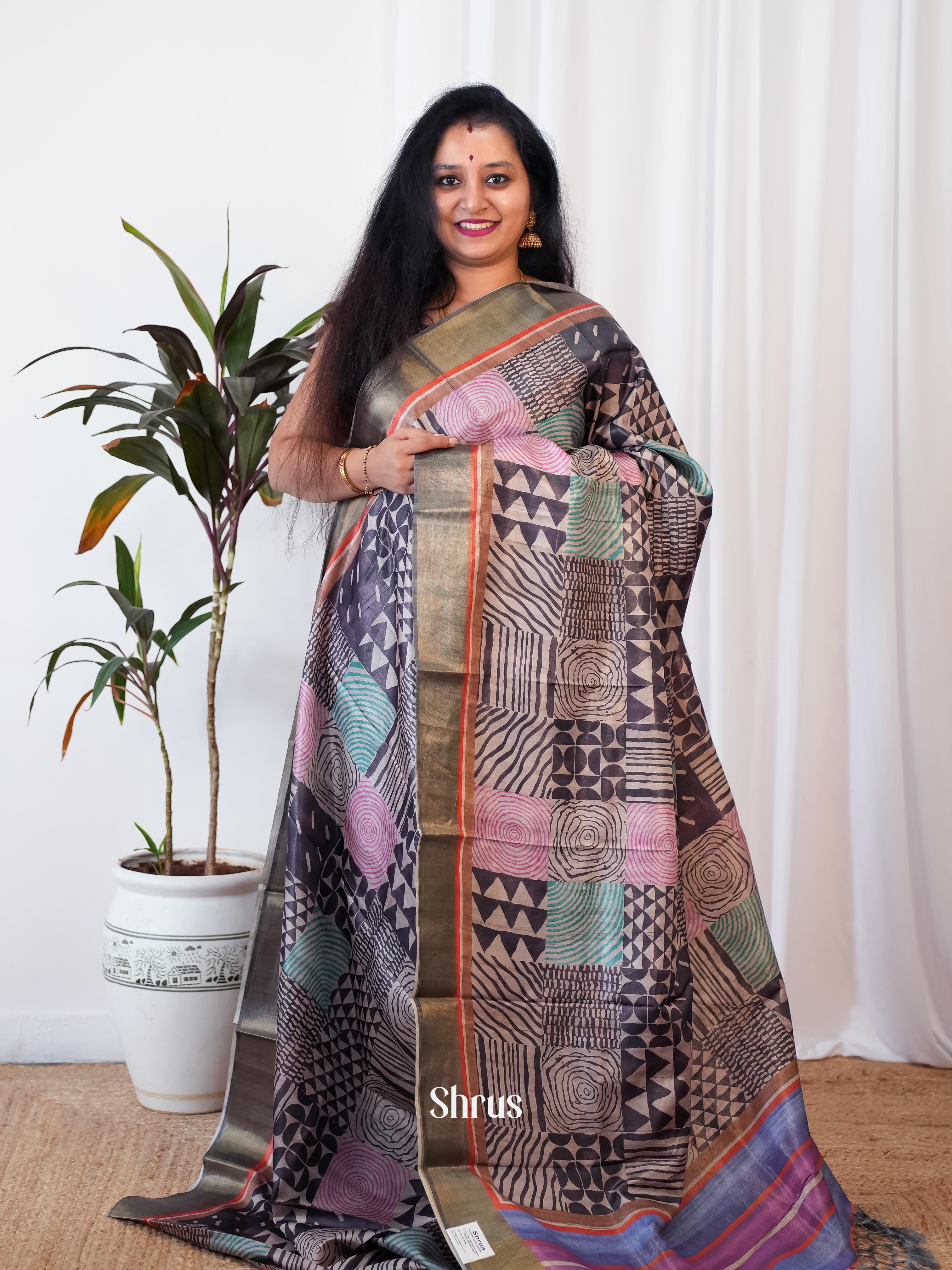 Multicolor & Grey - Printed Tussar Saree - Shop on Shrus.com