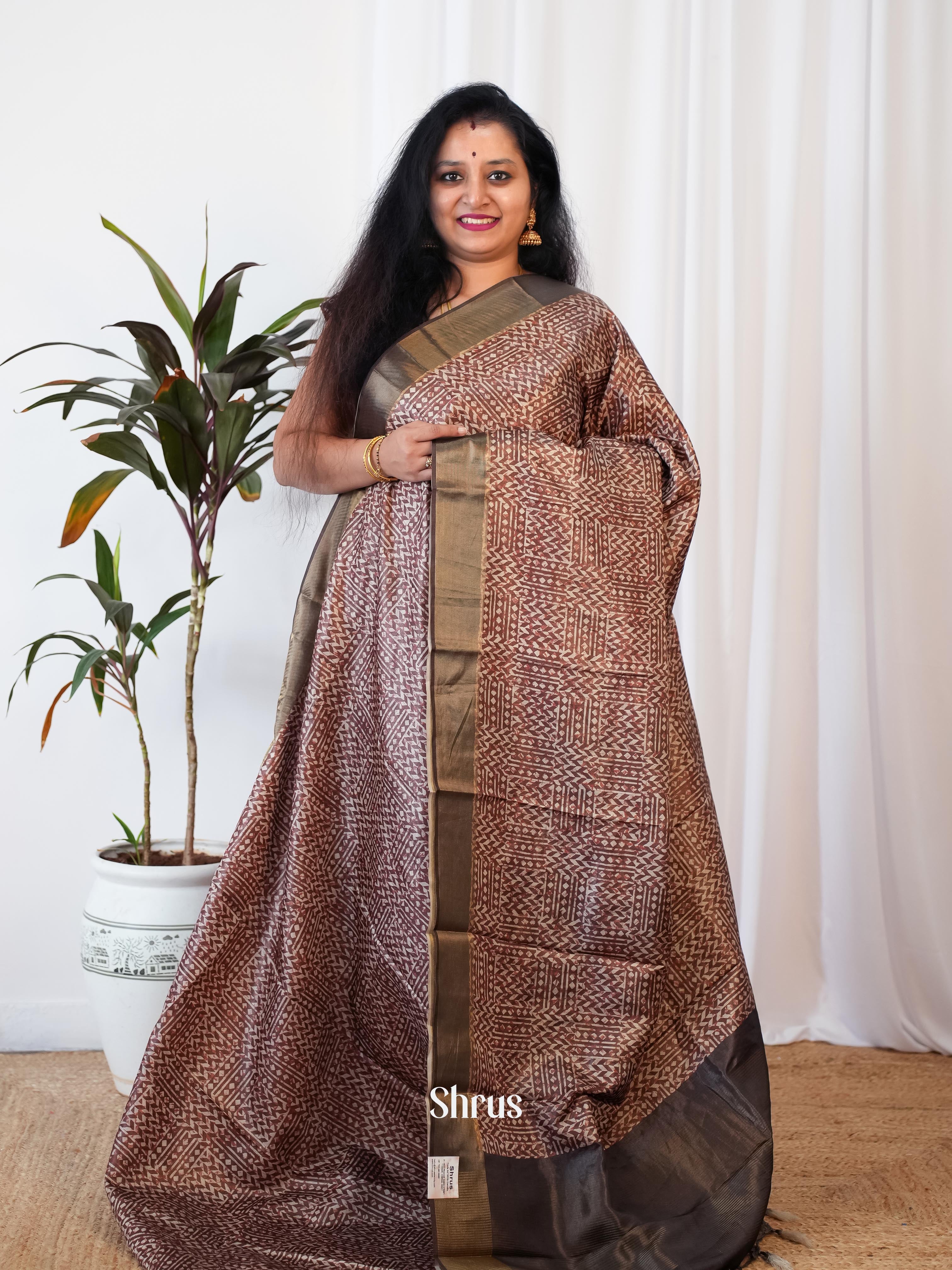 Brown - Printed Tussar Saree - Shop on Shrus.com