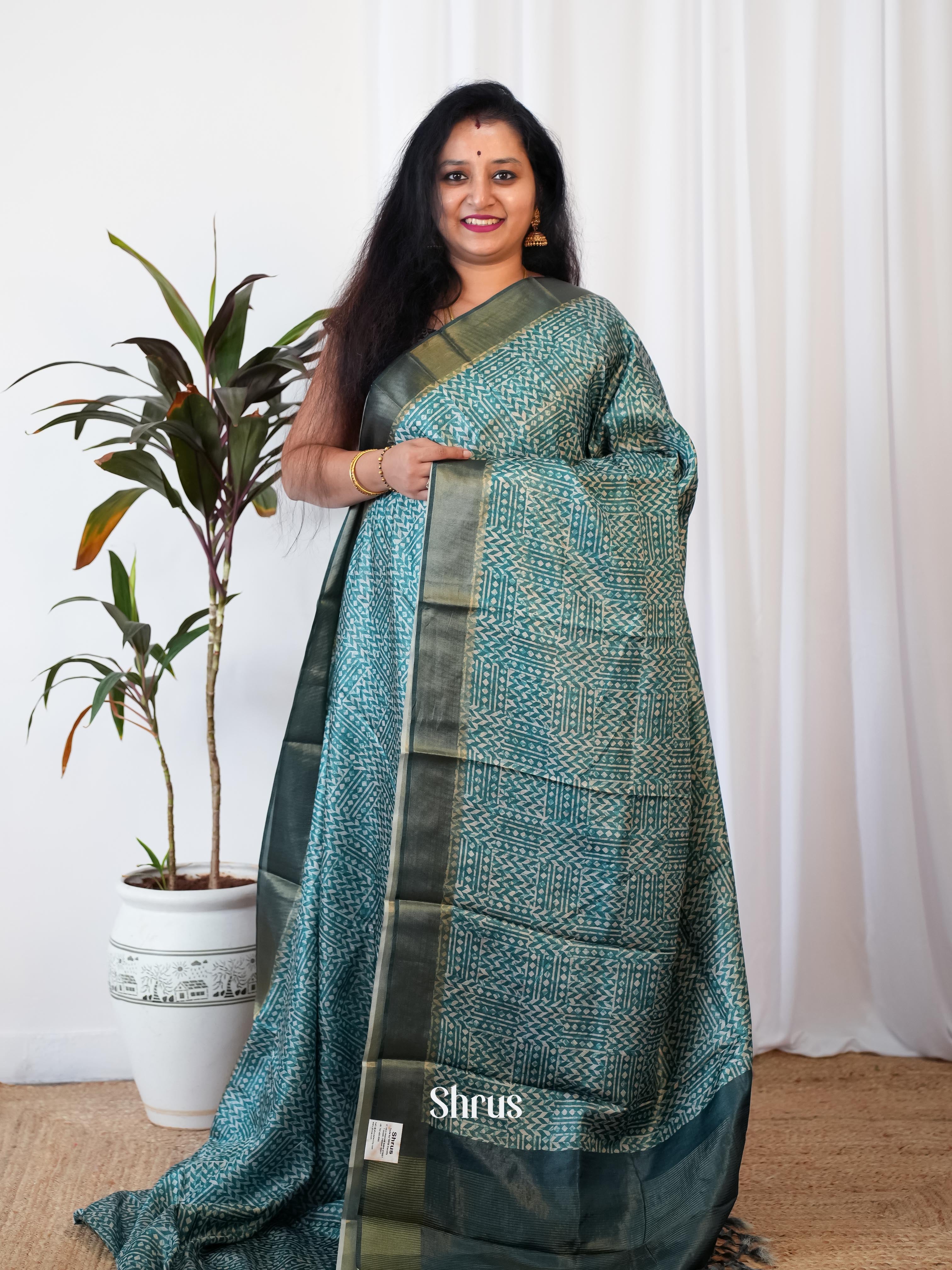 Blue - Printed Tussar Saree - Shop on Shrus.com