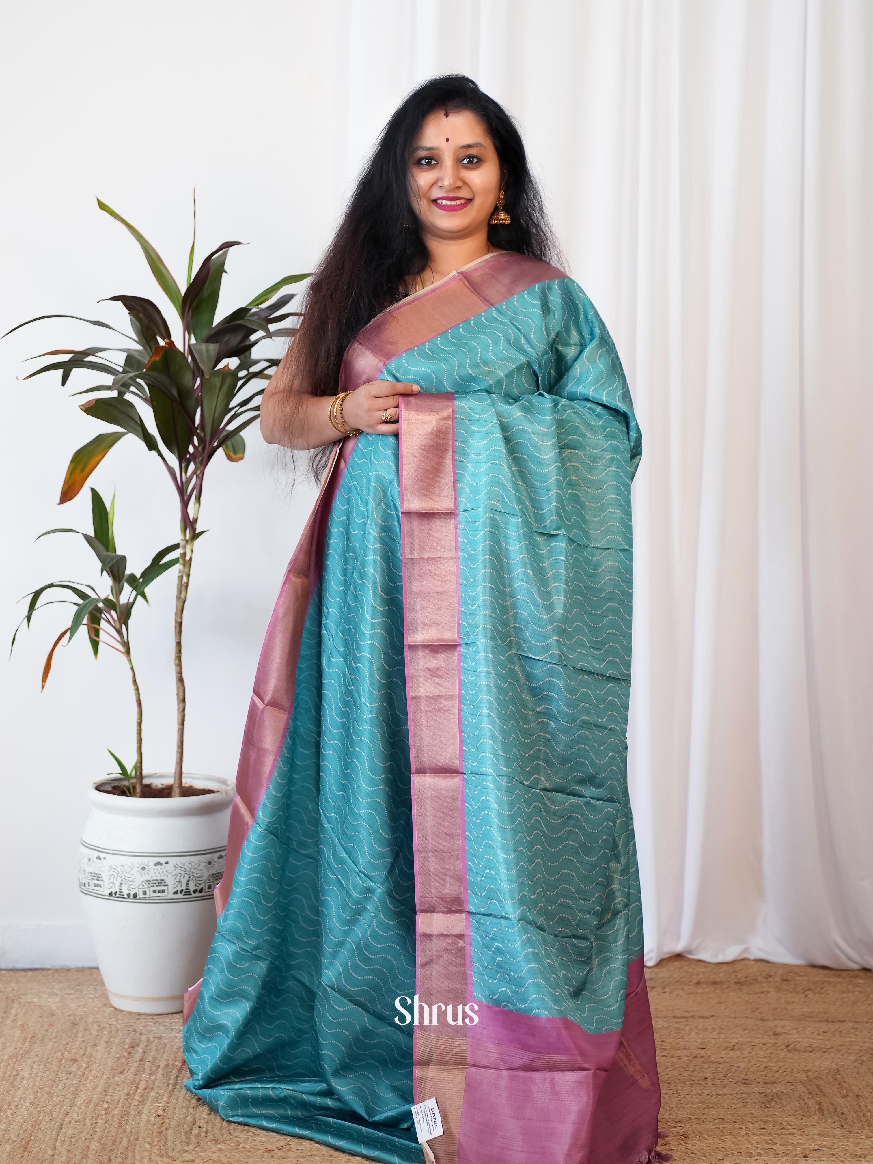 Blue & Pink - Printed Tussar Saree - Shop on Shrus.com