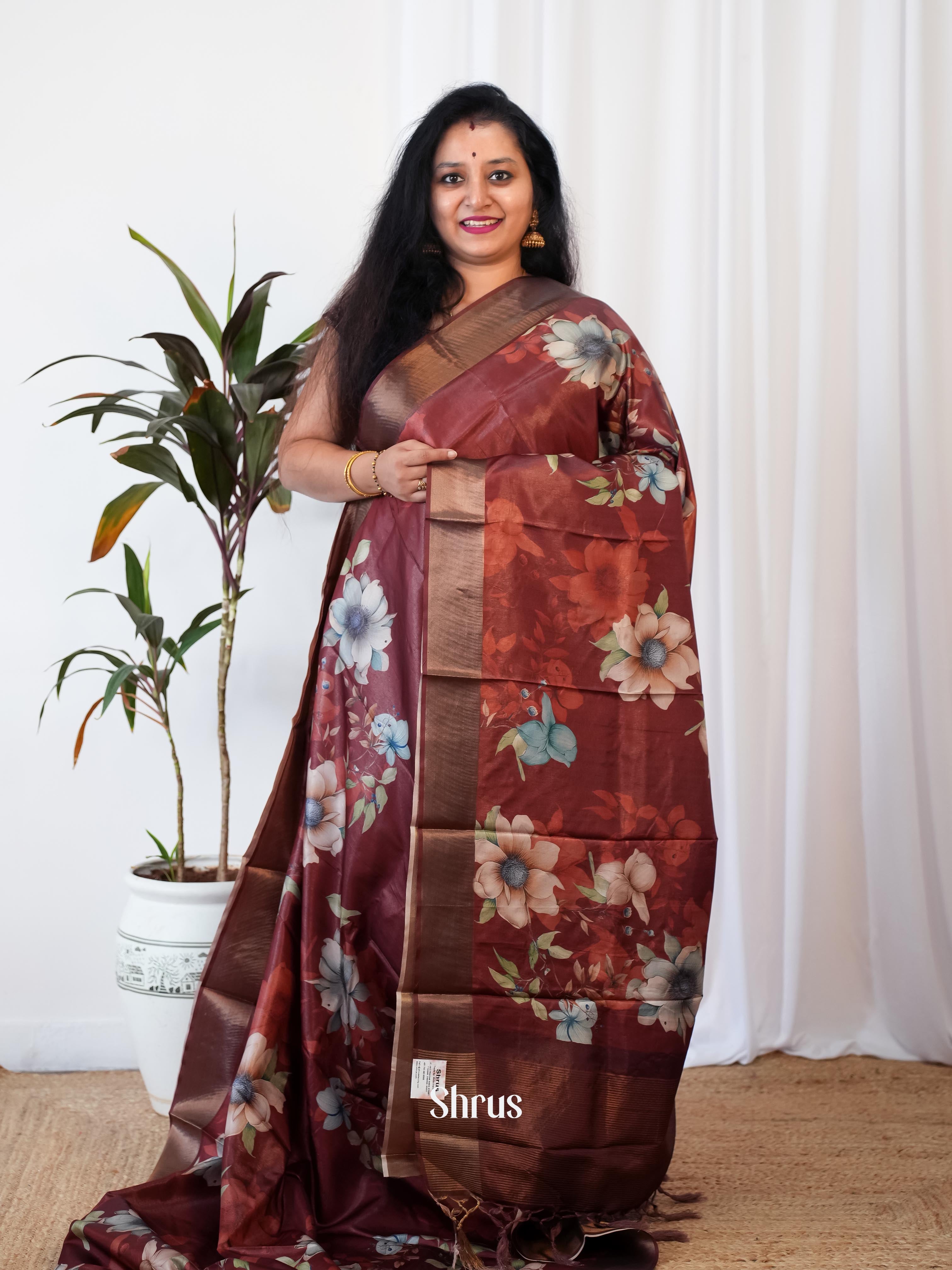 Brown - Printed Tussar Saree - Shop on Shrus.com