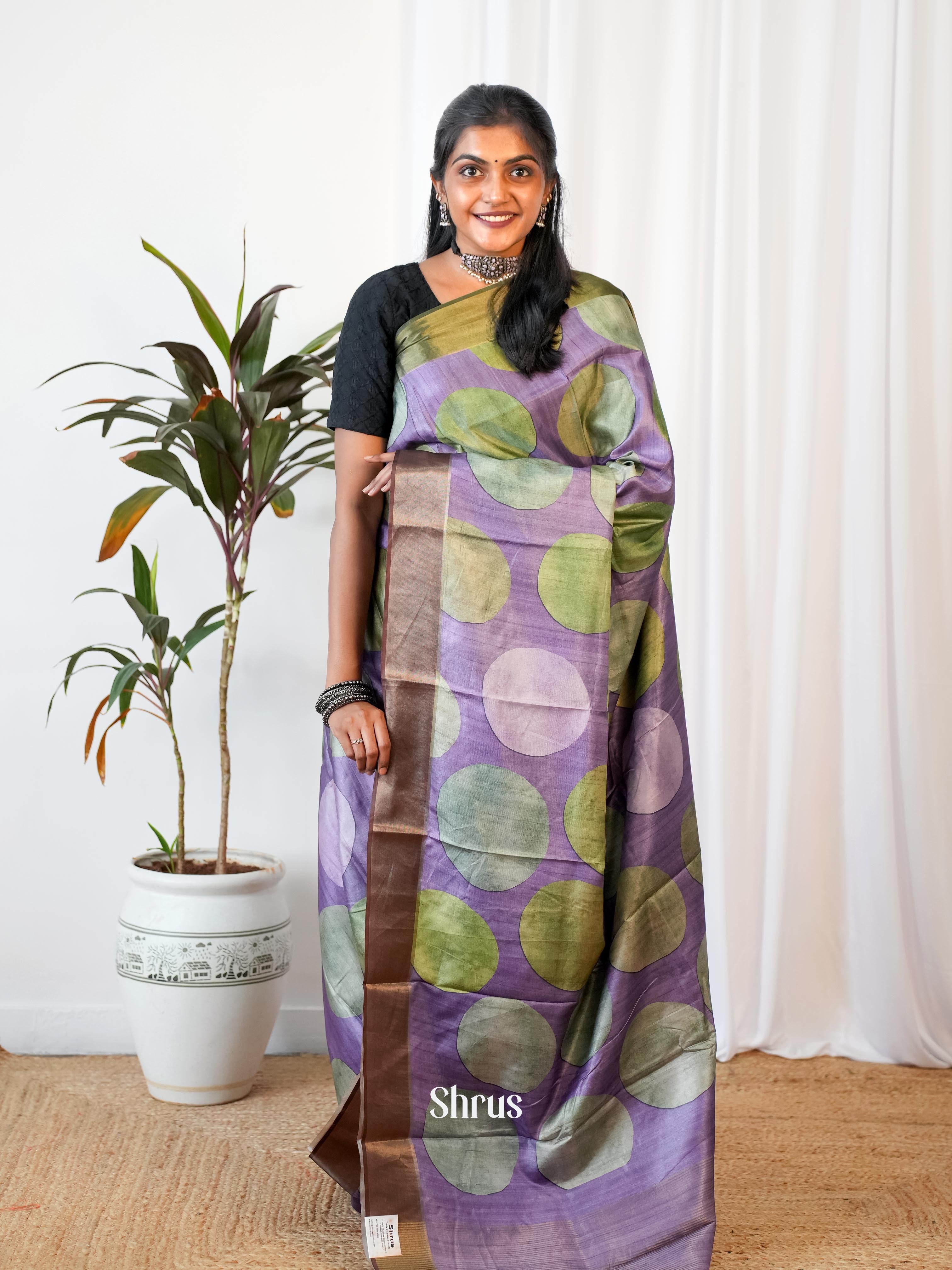 Purple - Printed Tussar Saree - Shop on Shrus.com