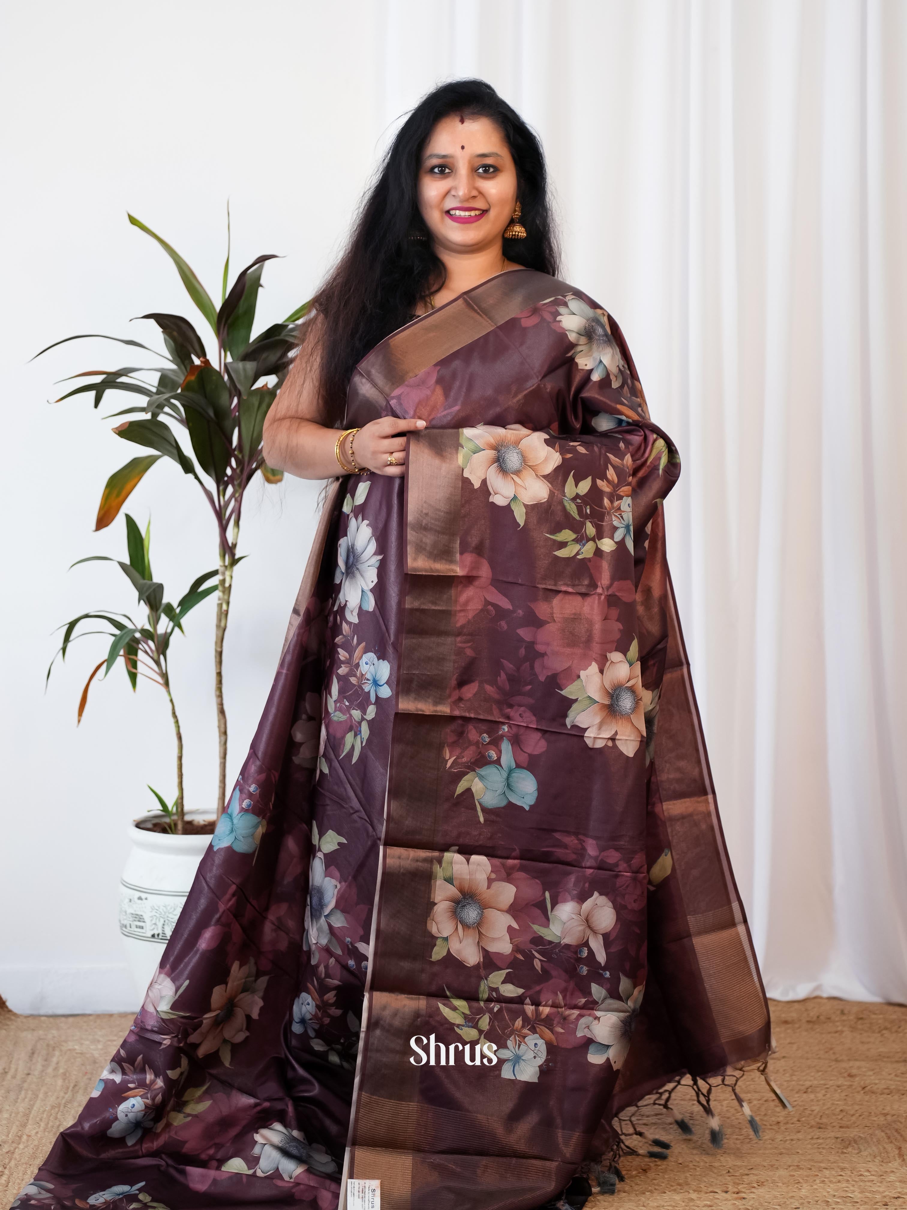 Brown - Printed Tussar Saree - Shop on Shrus.com