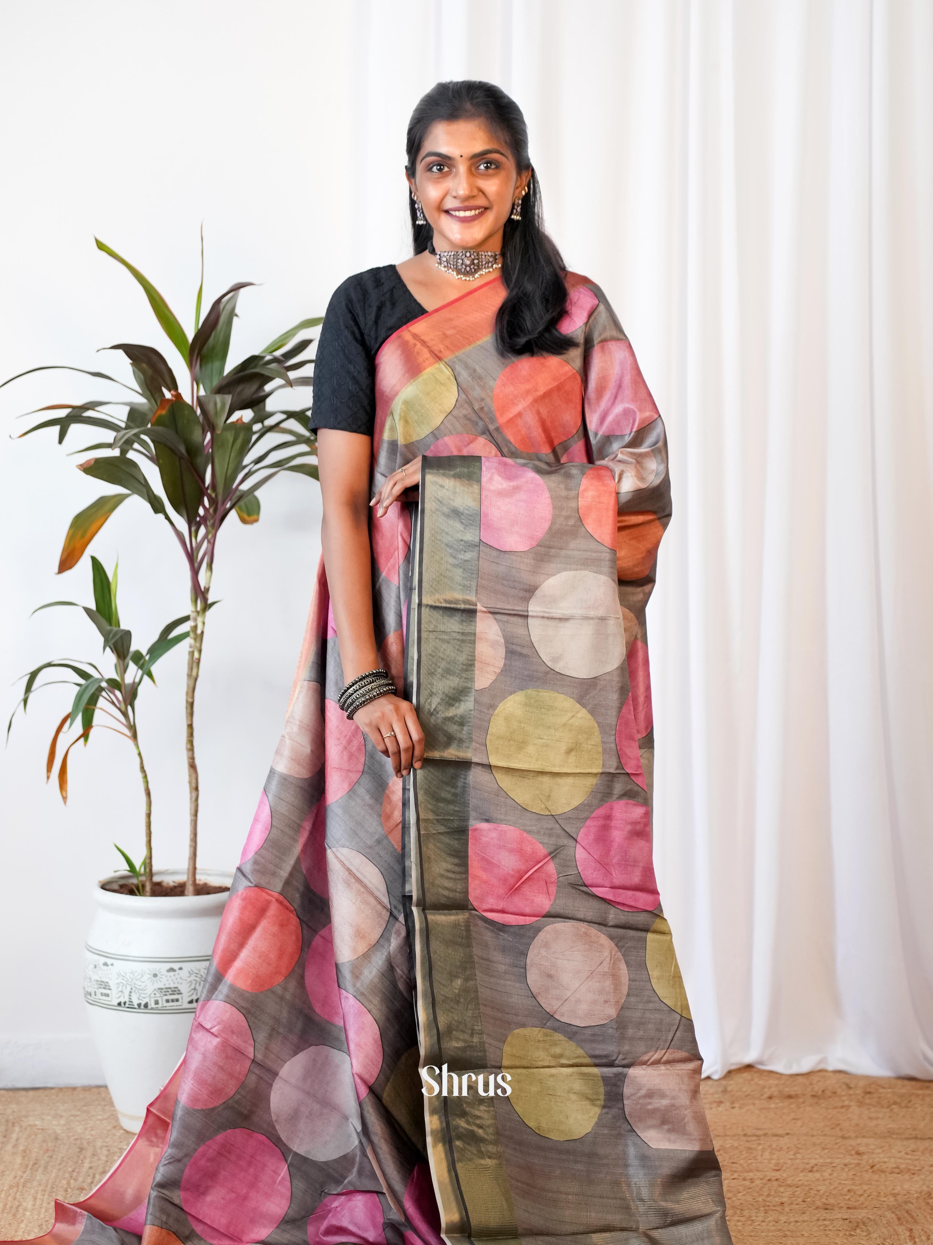Grey - Printed Tussar Saree - Shop on Shrus.com