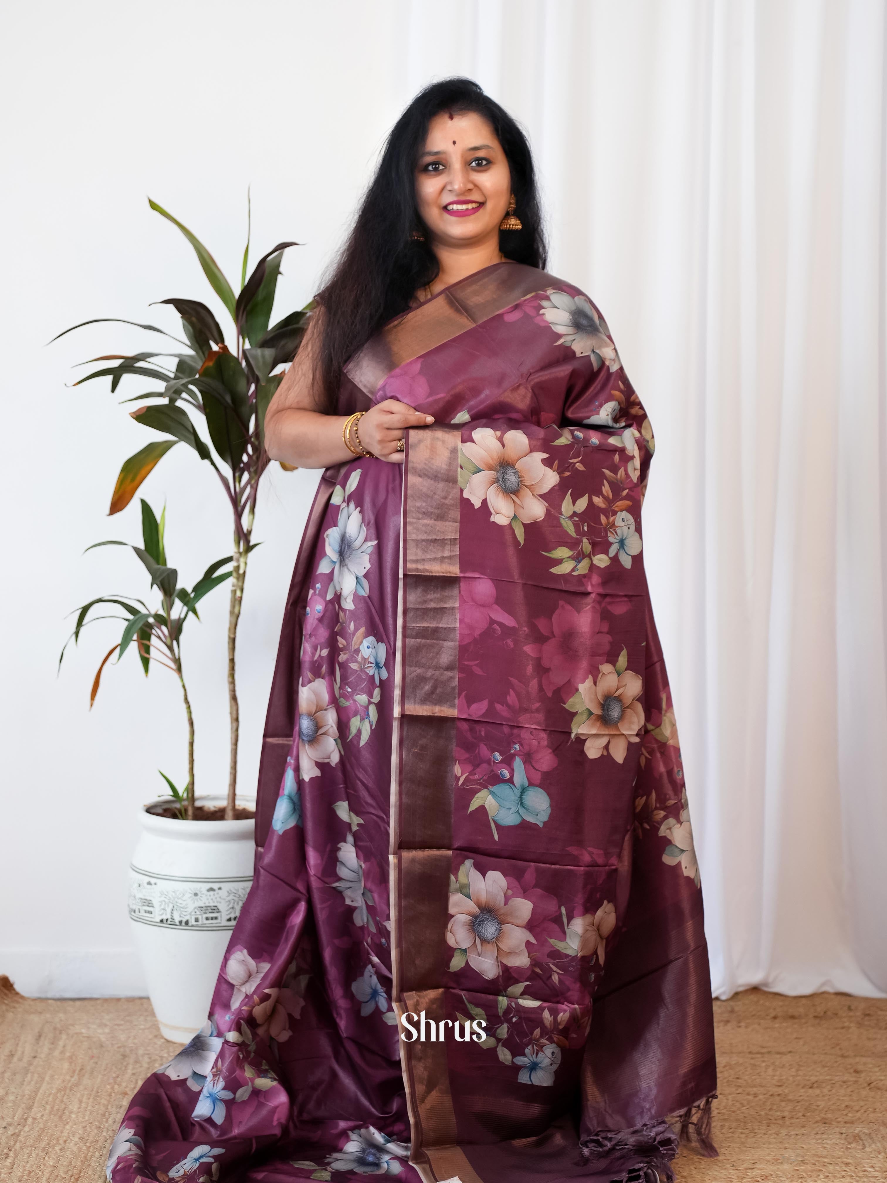 Purple - Printed Tussar Saree - Shop on Shrus.com
