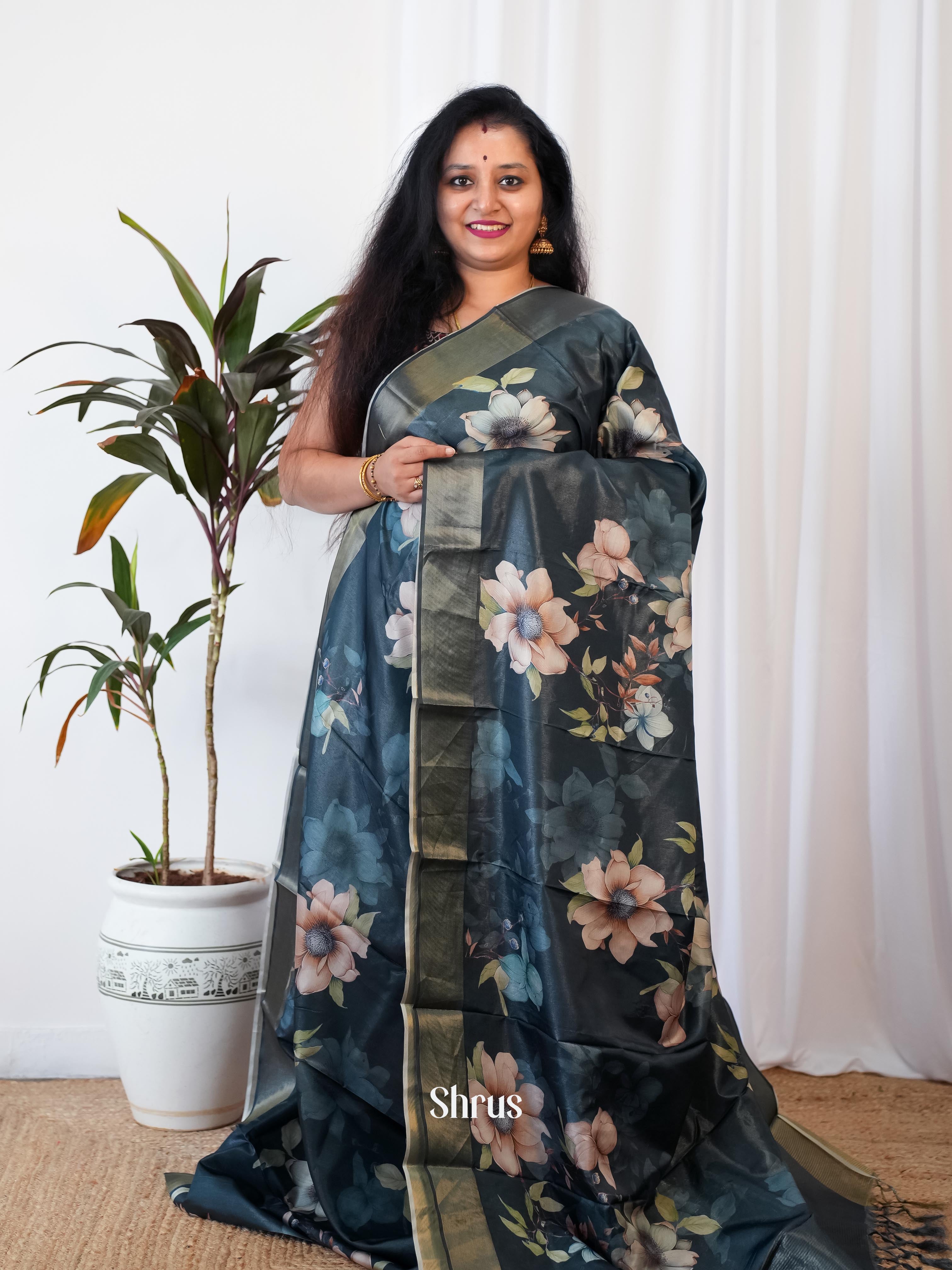 Peacock Blue - Printed Tussar Saree - Shop on Shrus.com
